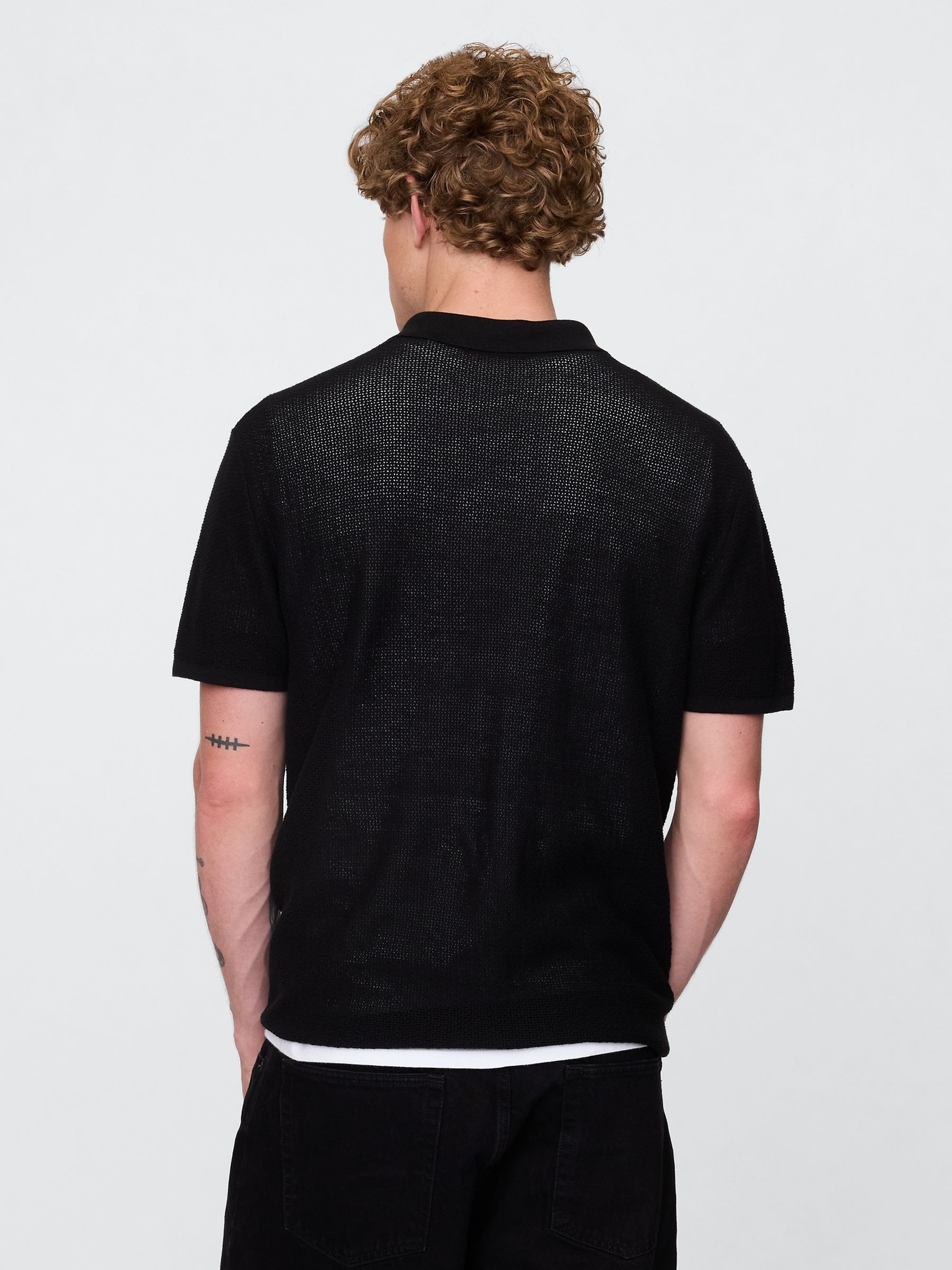 Black Textured Crochet Short Sleeve Polo Shirt - Image 2 of 5