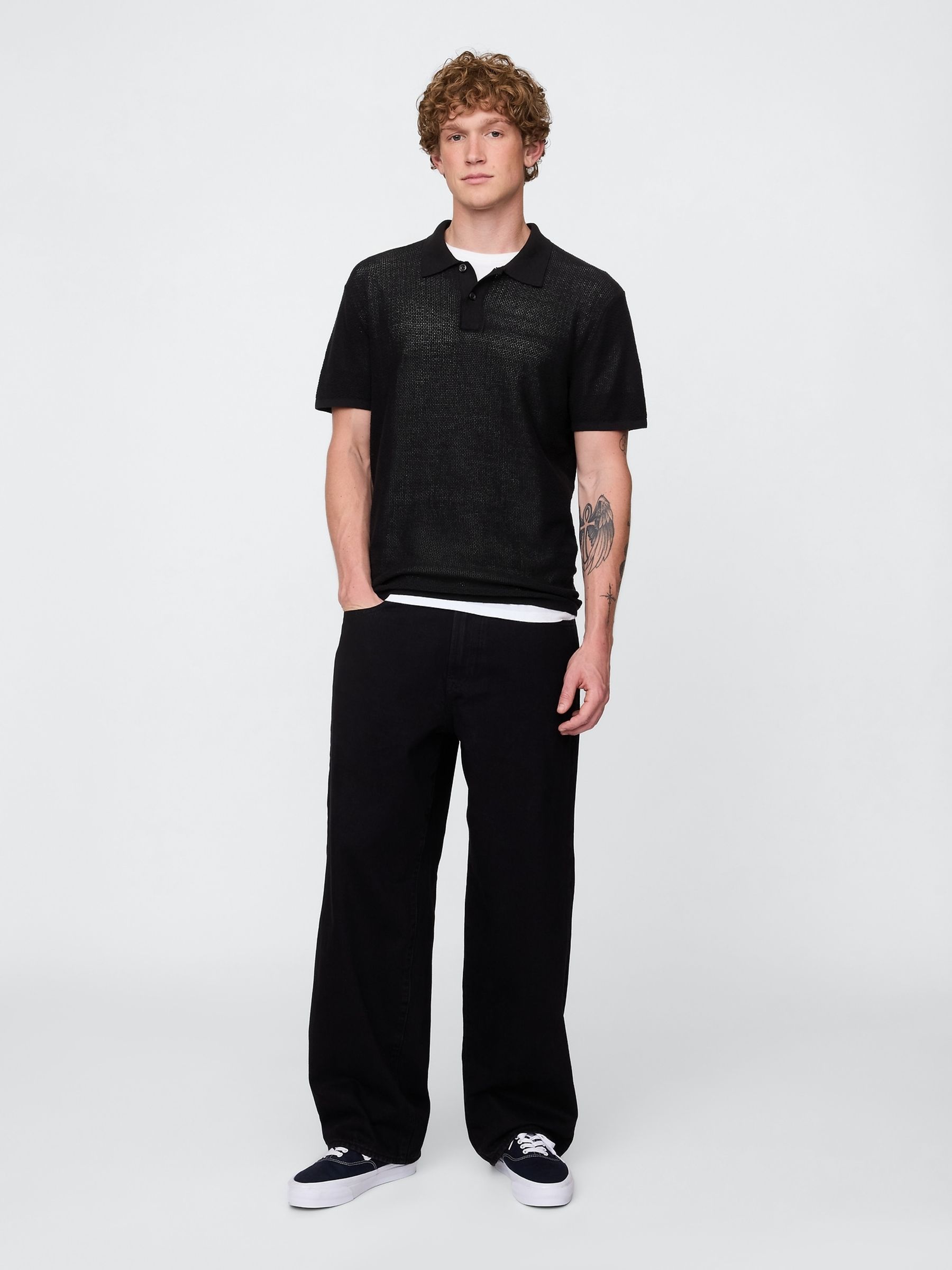 Black Textured Crochet Short Sleeve Polo Shirt - Image 3 of 5