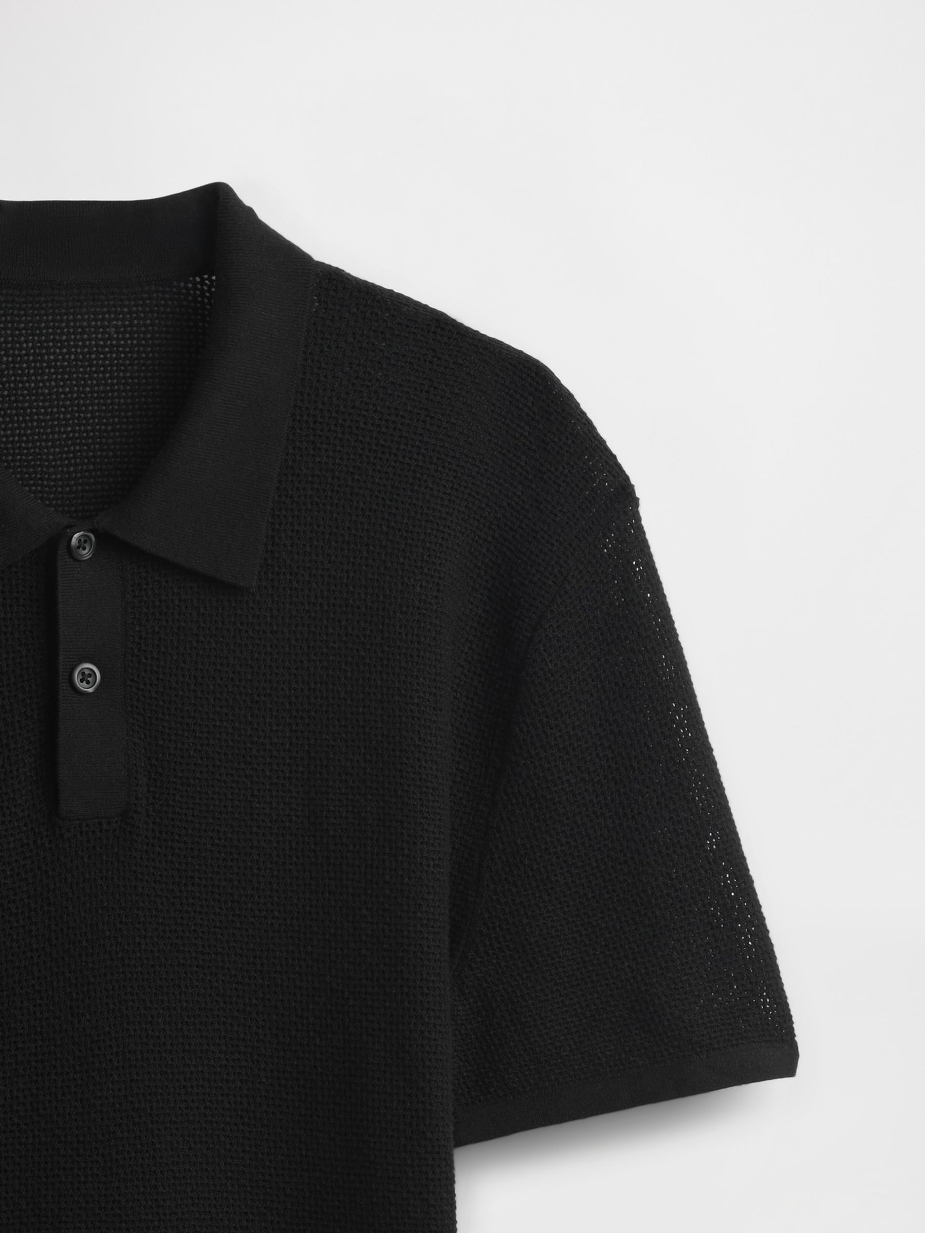 Black Textured Crochet Short Sleeve Polo Shirt - Image 5 of 5