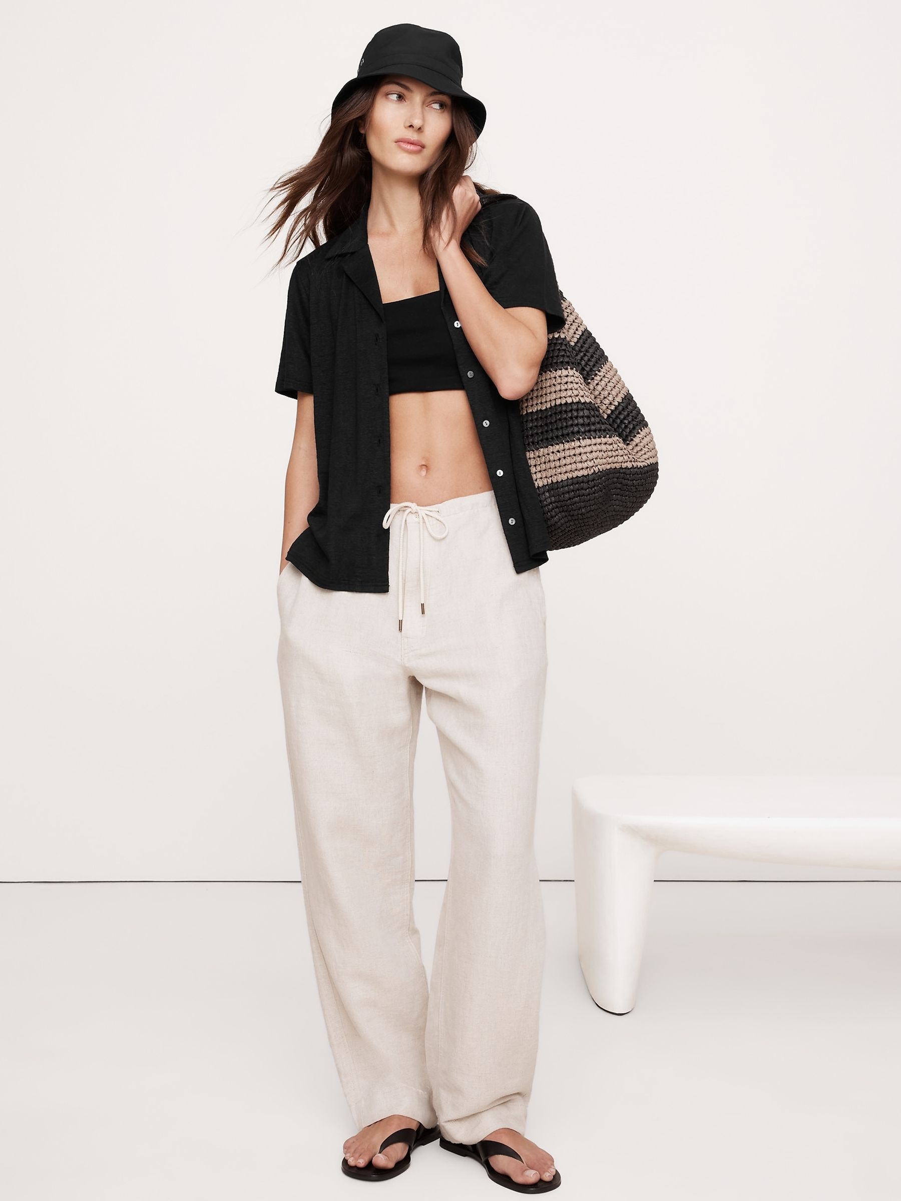 Banana Republic Black Linen Resort Shirt - Image 3 of 4