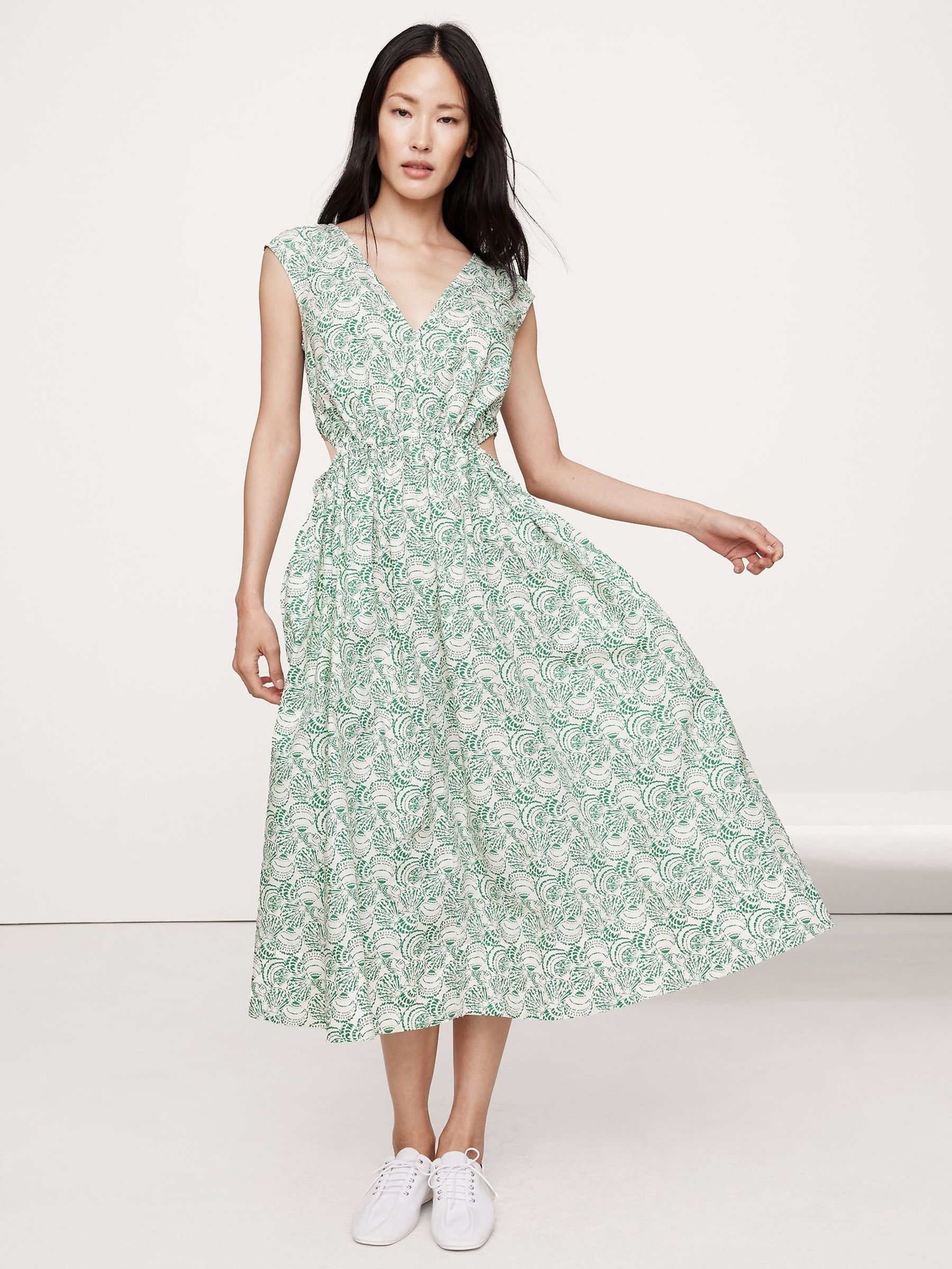 Banana Republic Green Cotton Poplin Side Cut-Out Midi Dress - Image 1 of 4