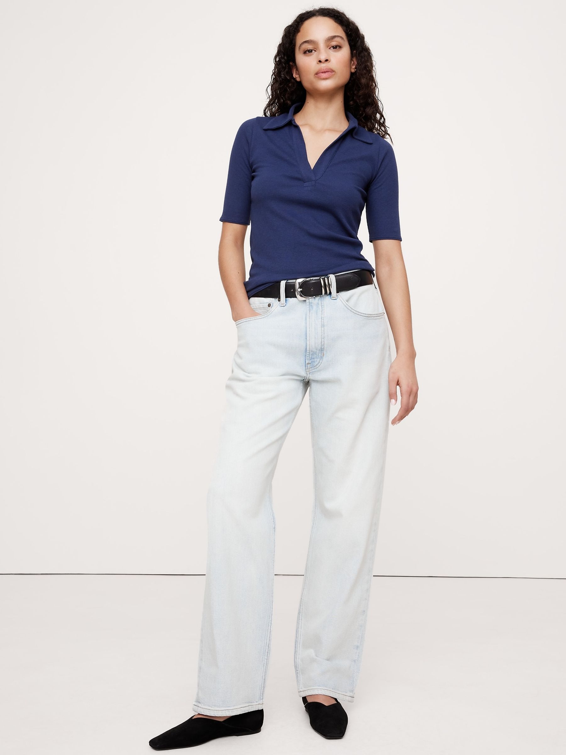 Banana Republic Navy Blue Ribbed Cotton-Modal Elbow-Sleeve Polo Shirt - Image 1 of 1