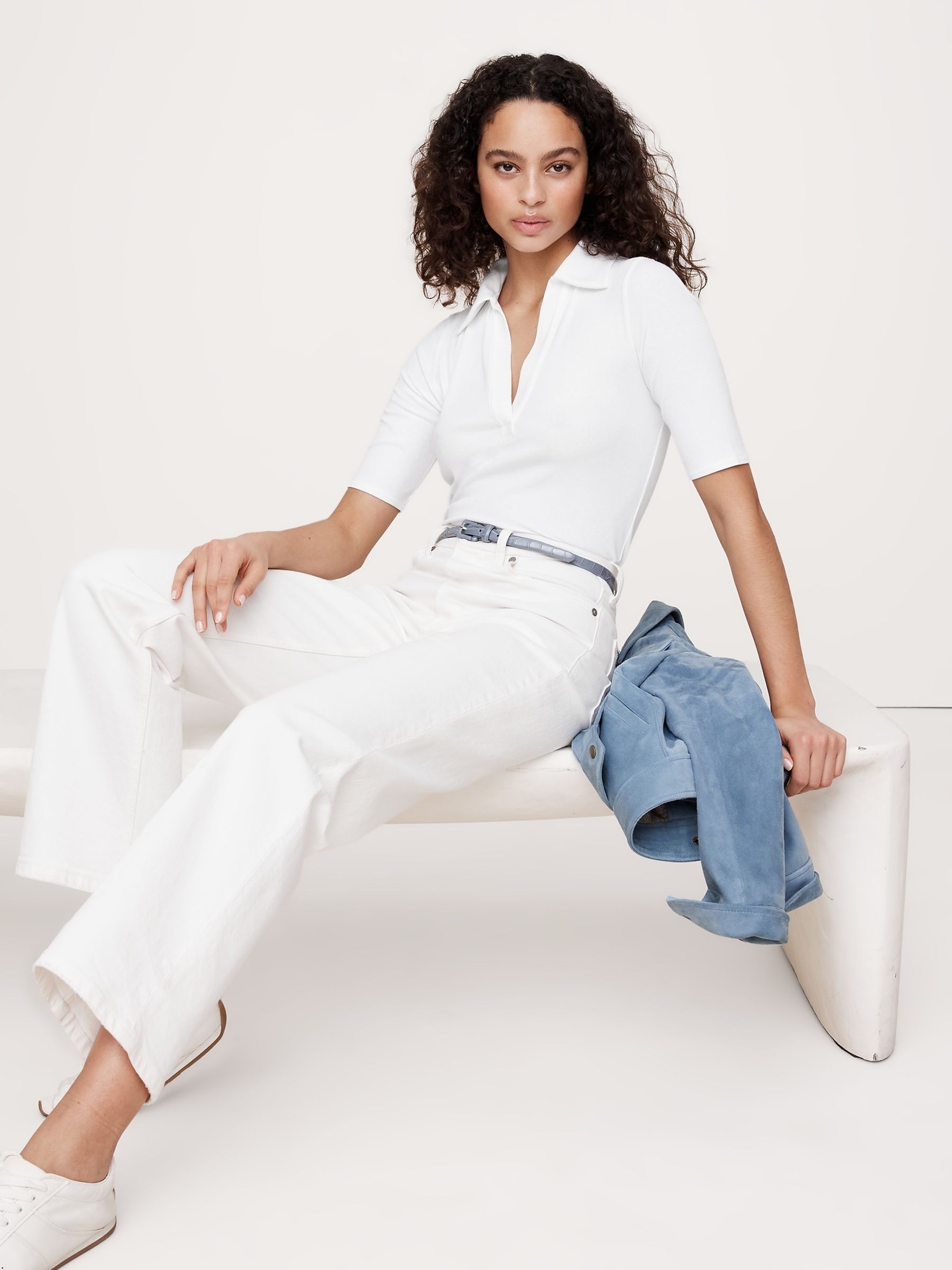 Banana Republic White Ribbed Cotton-Modal Elbow-Sleeve Polo Shirt - Image 1 of 4