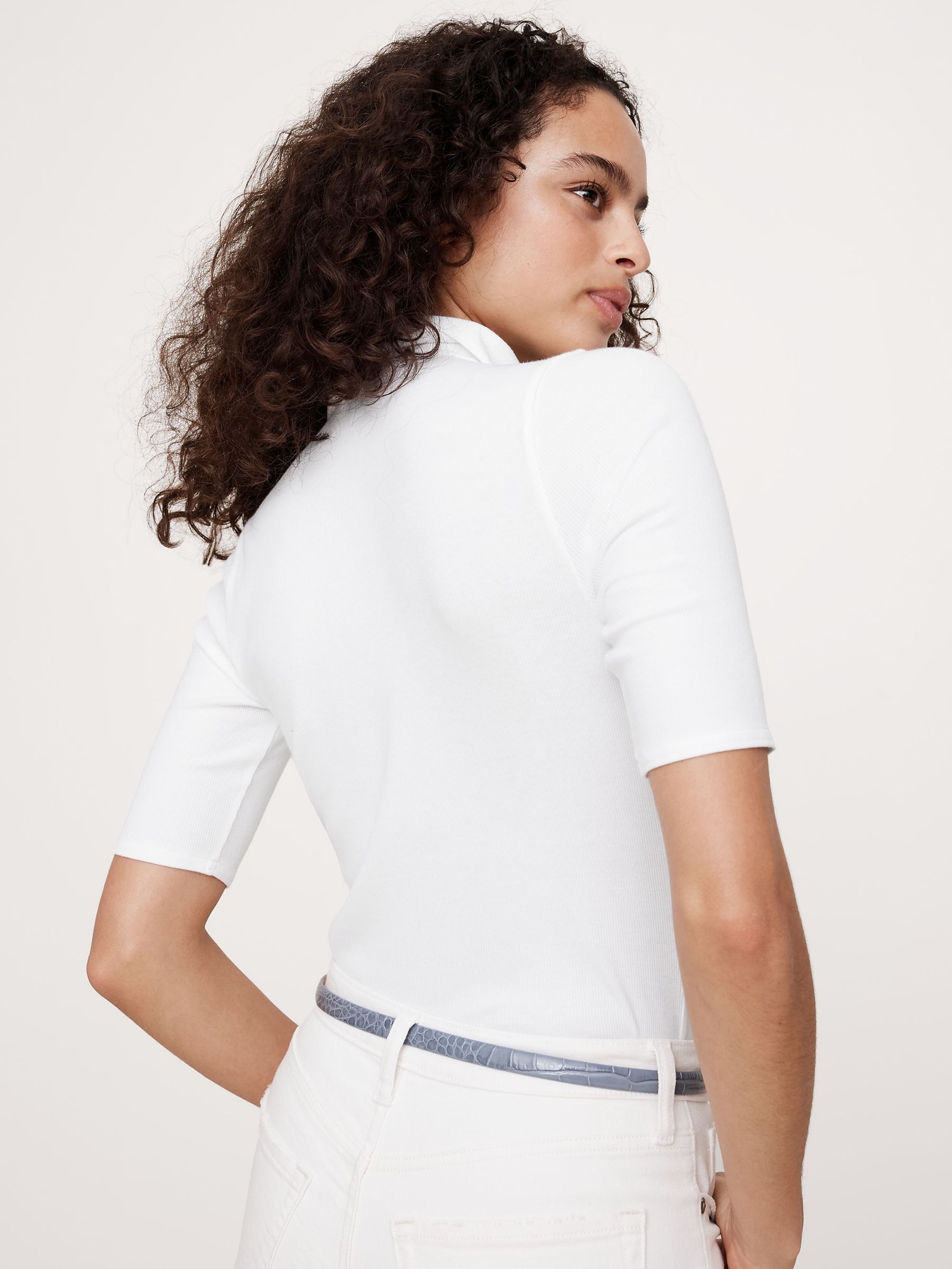 Banana Republic White Ribbed Cotton-Modal Elbow-Sleeve Polo Shirt - Image 2 of 4