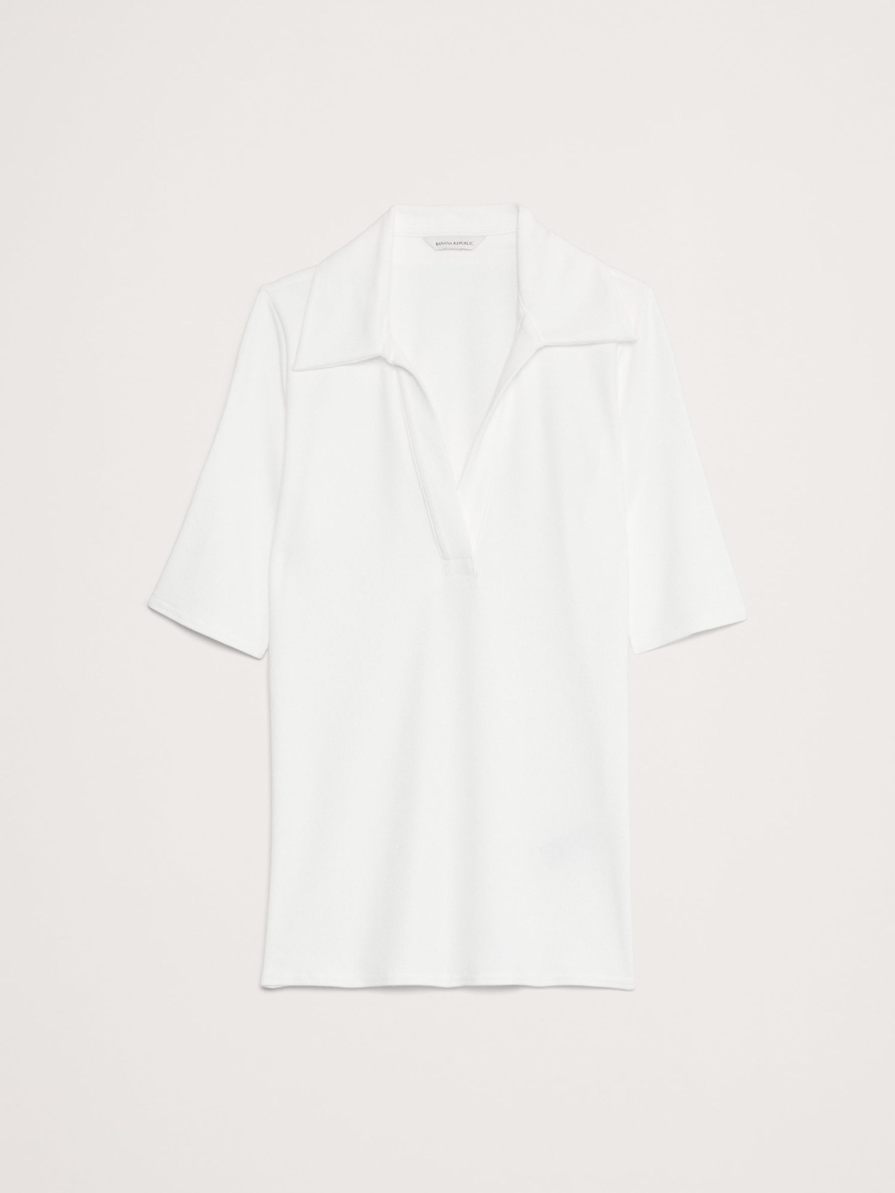 Banana Republic White Ribbed Cotton-Modal Elbow-Sleeve Polo Shirt - Image 4 of 4