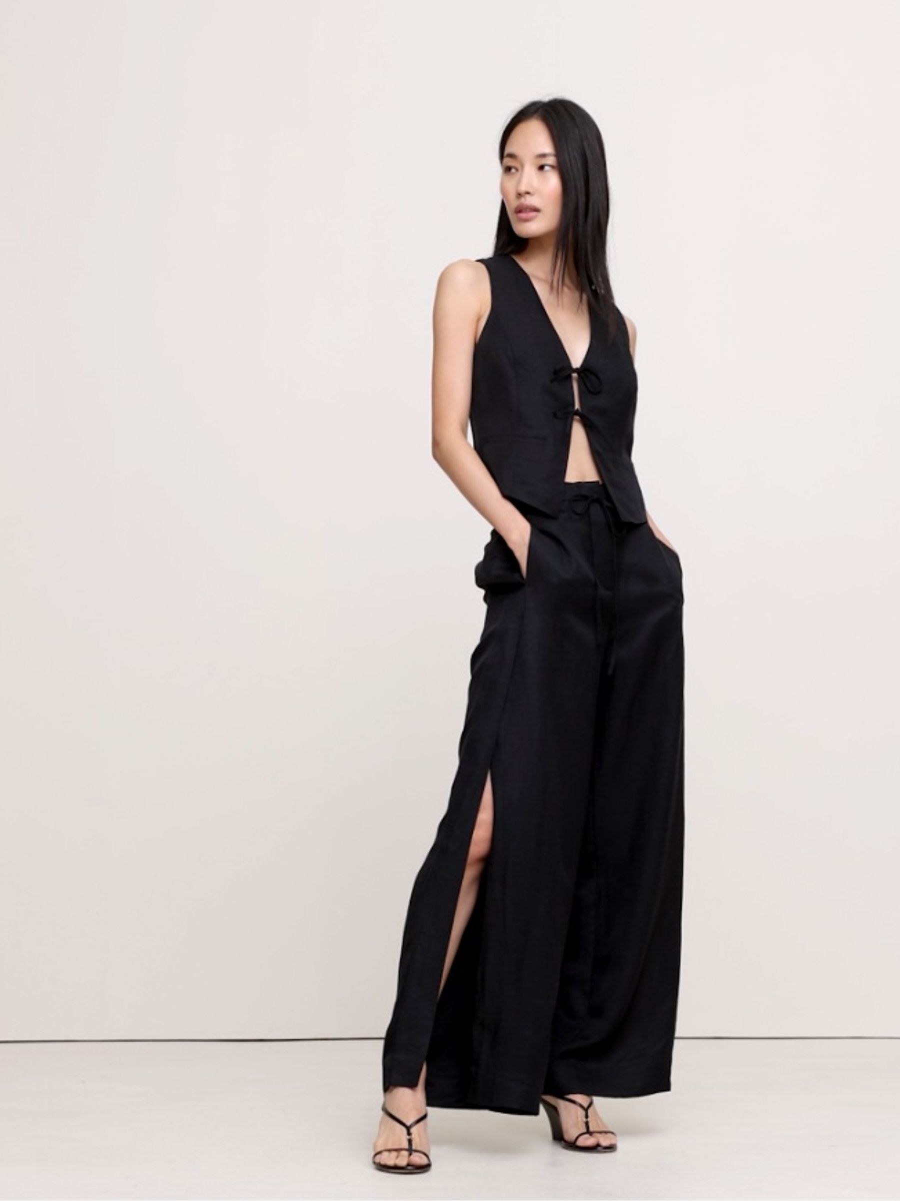 Banana Republic Black Ultra High Rise Wide Leg Slit Trousers - Image 2 of 5