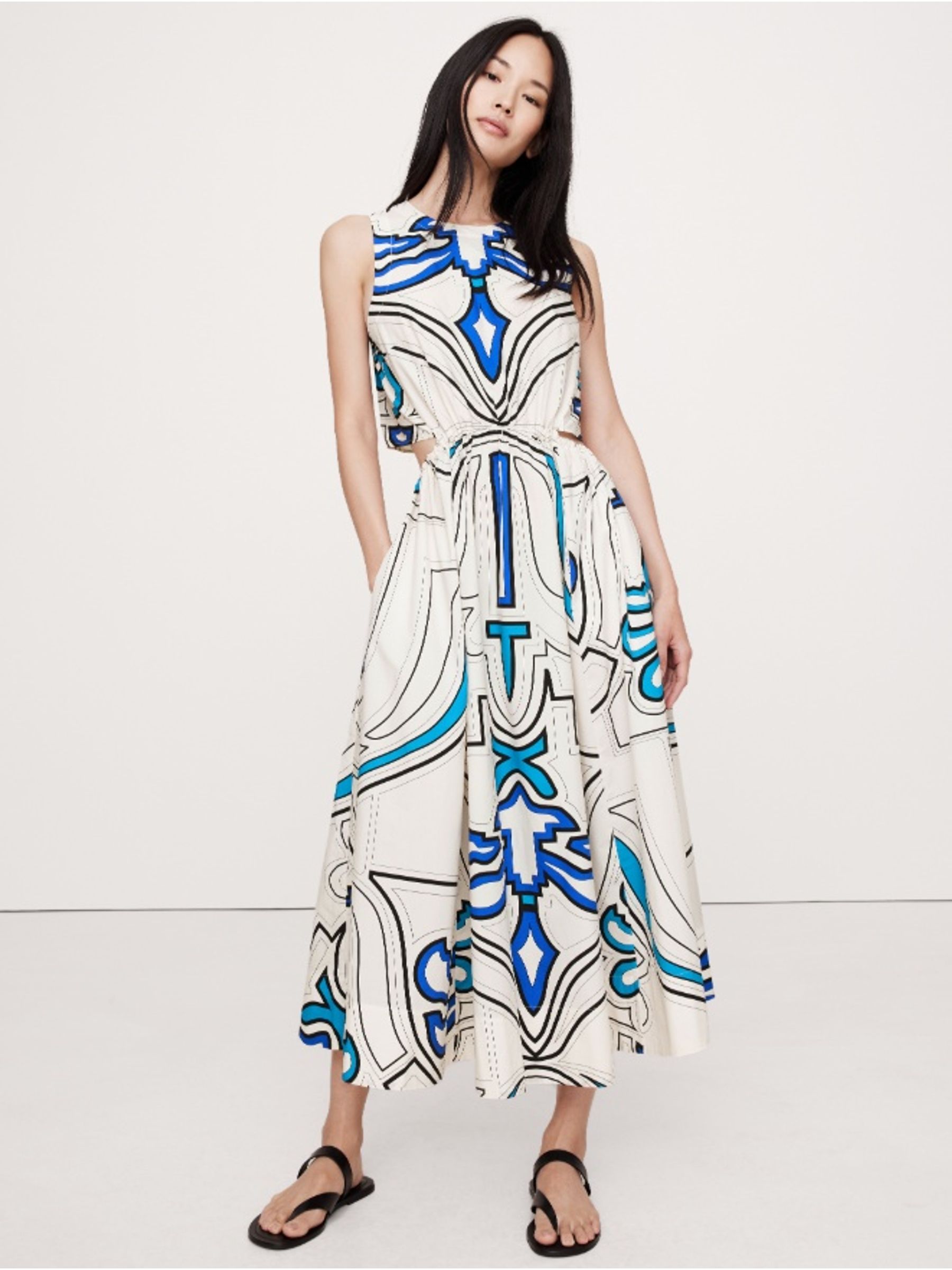 Banana Republic Cream/Blue Print Cotton Poplin Cut-Out Midi Dress - Image 1 of 4