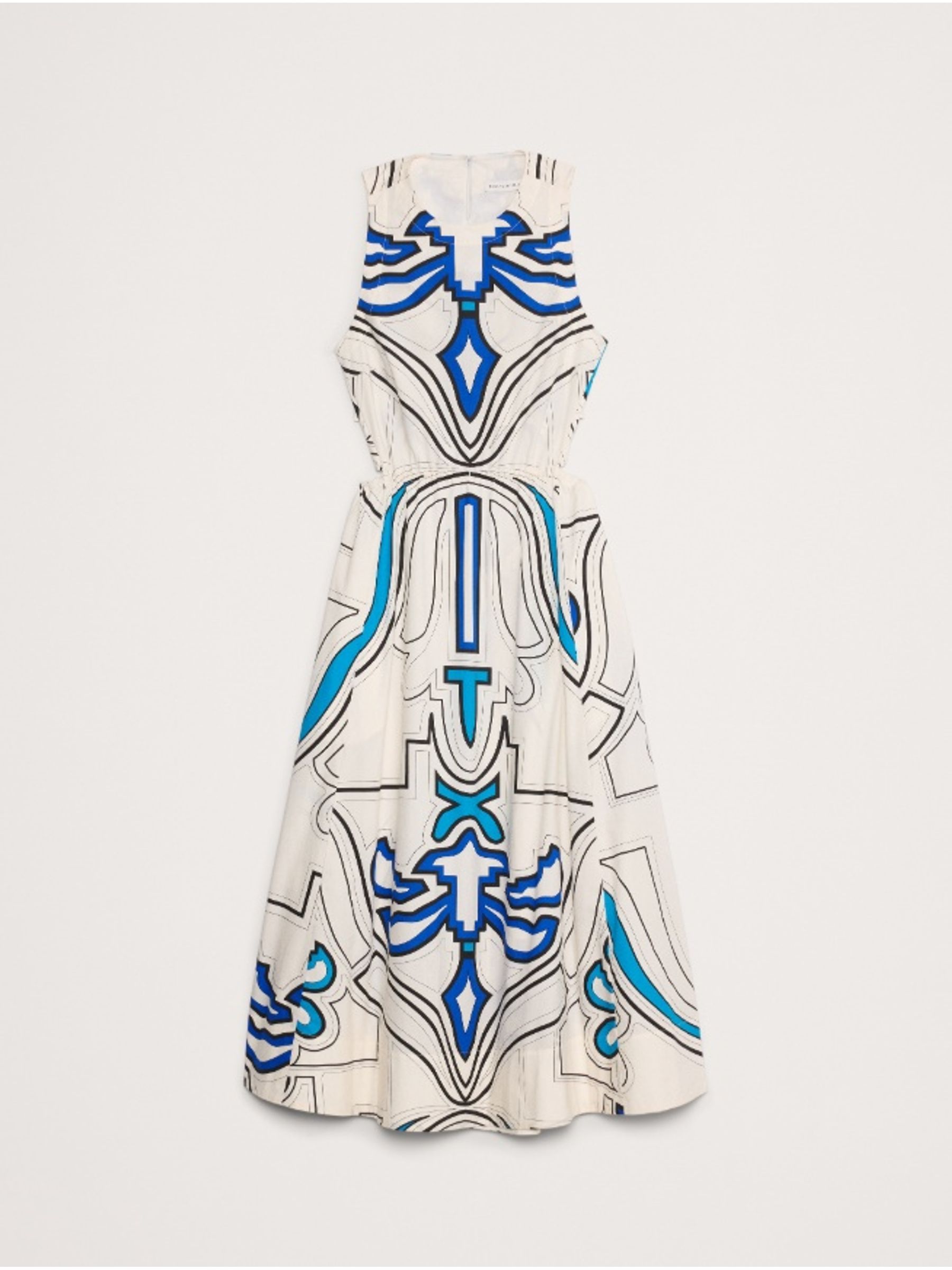Banana Republic Cream/Blue Print Cotton Poplin Cut-Out Midi Dress - Image 4 of 4