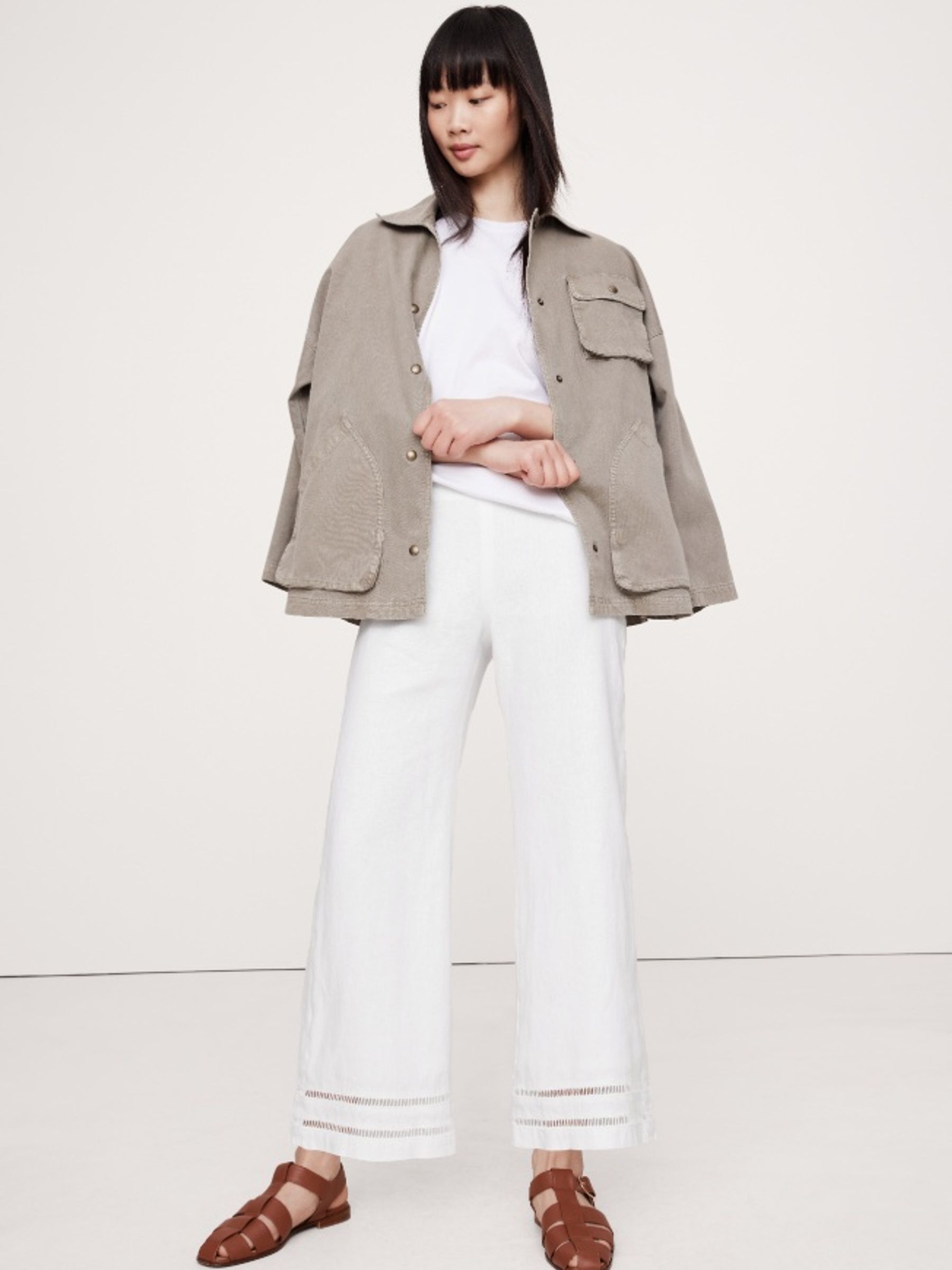 Banana Republic White 100% Linen Mid-Rise Lace-Trim Ankle Trousers - Image 1 of 4