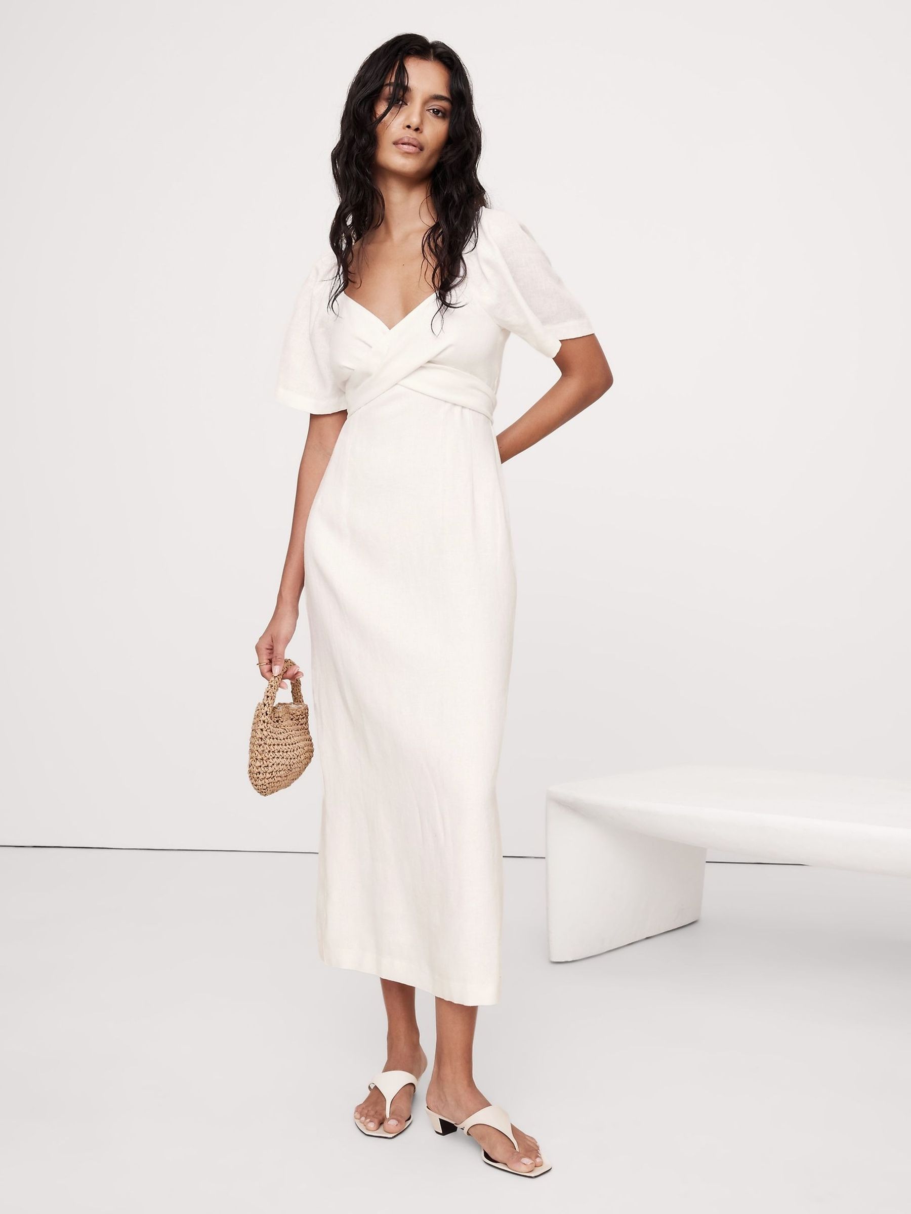 Banana Republic White 100% Linen Sweetheart Midi Dress - Image 1 of 1