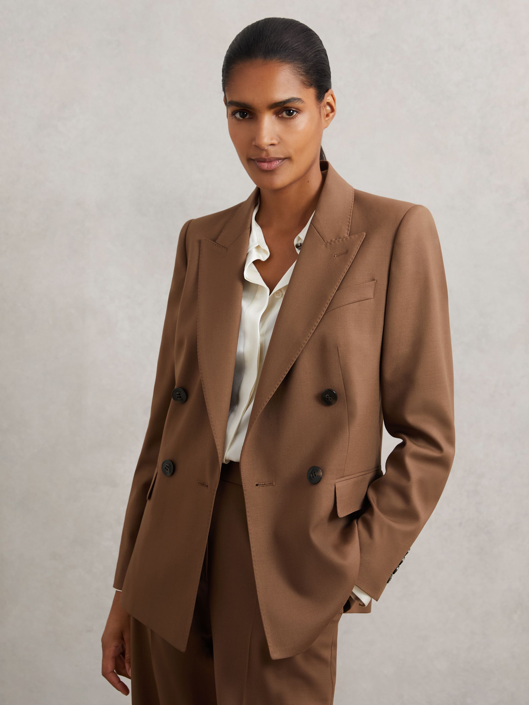 Petite Wool-Blend Double-Breasted Suit Blazer in Tan - Image 1 of 7