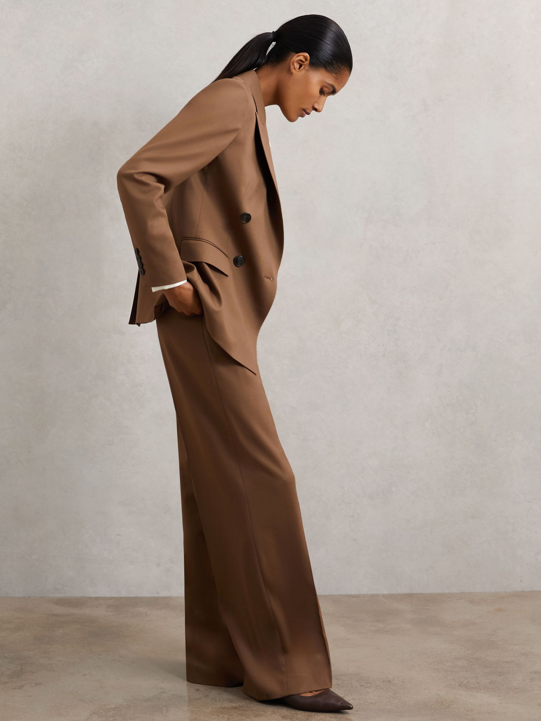 Petite Wool-Blend Double-Breasted Suit Blazer in Tan - Image 3 of 7
