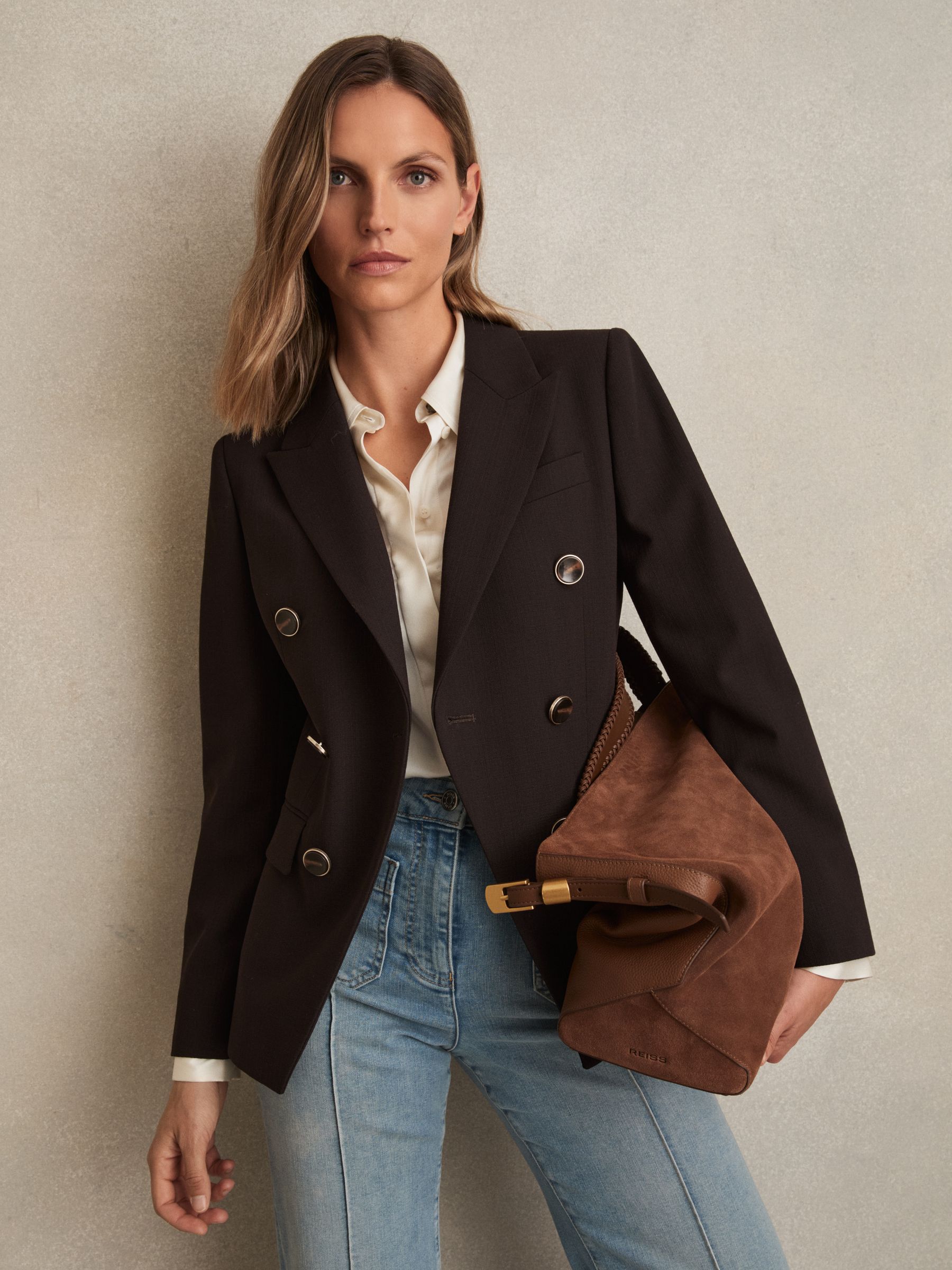 Wool-Blend Double-Breasted Blazer in Chocolate Brown - Image 1 of 6
