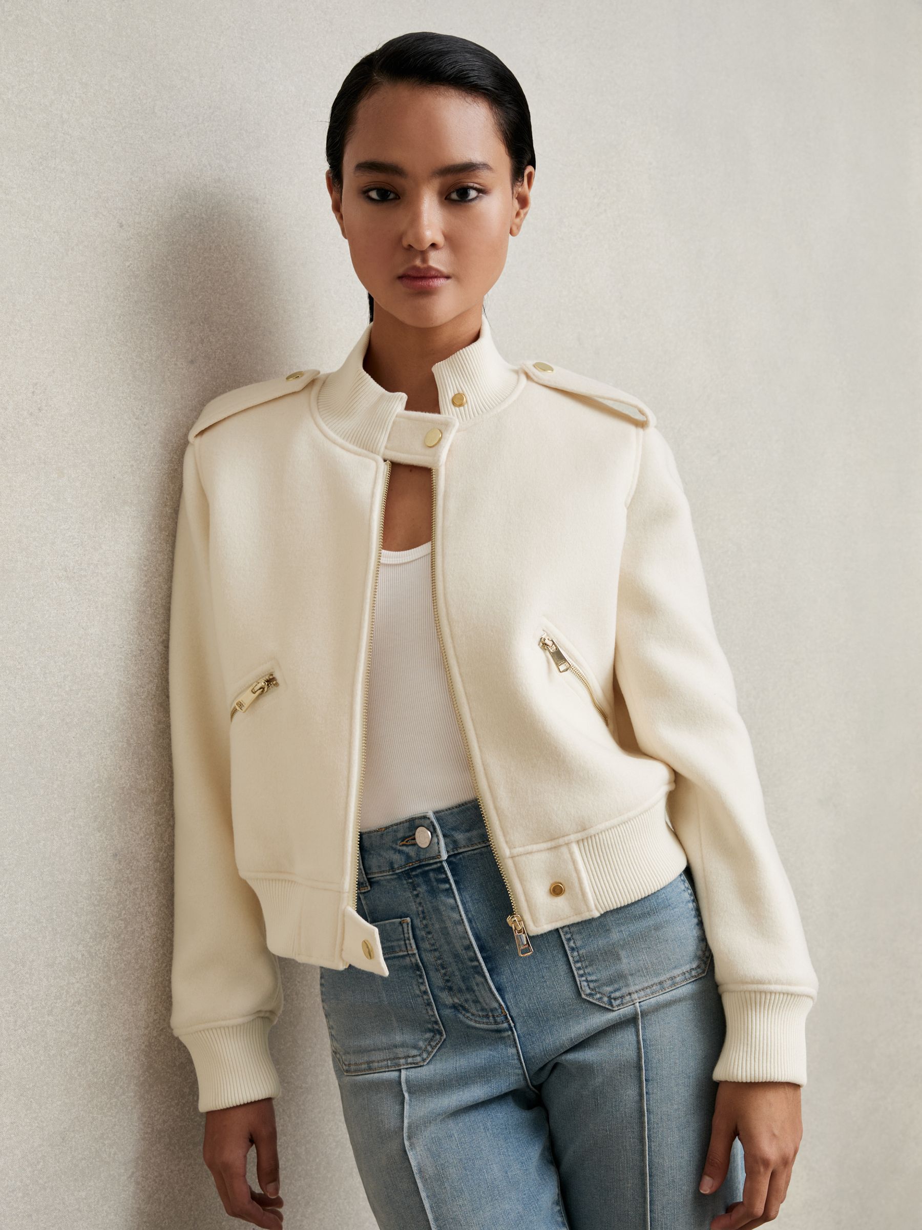 Brushed Wool Epaulette Bomber Jacket in Cream - Image 1 of 6