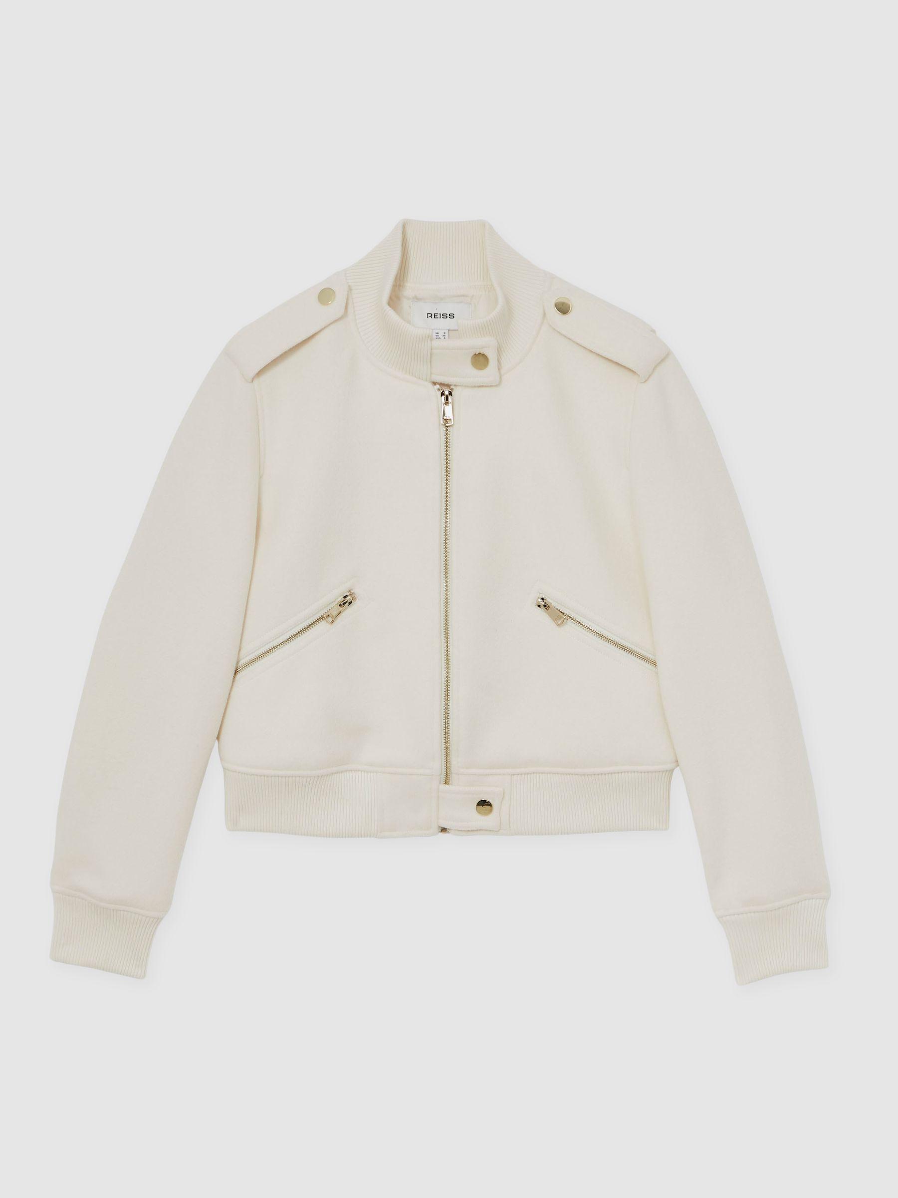 Brushed Wool Epaulette Bomber Jacket in Cream - Image 2 of 6