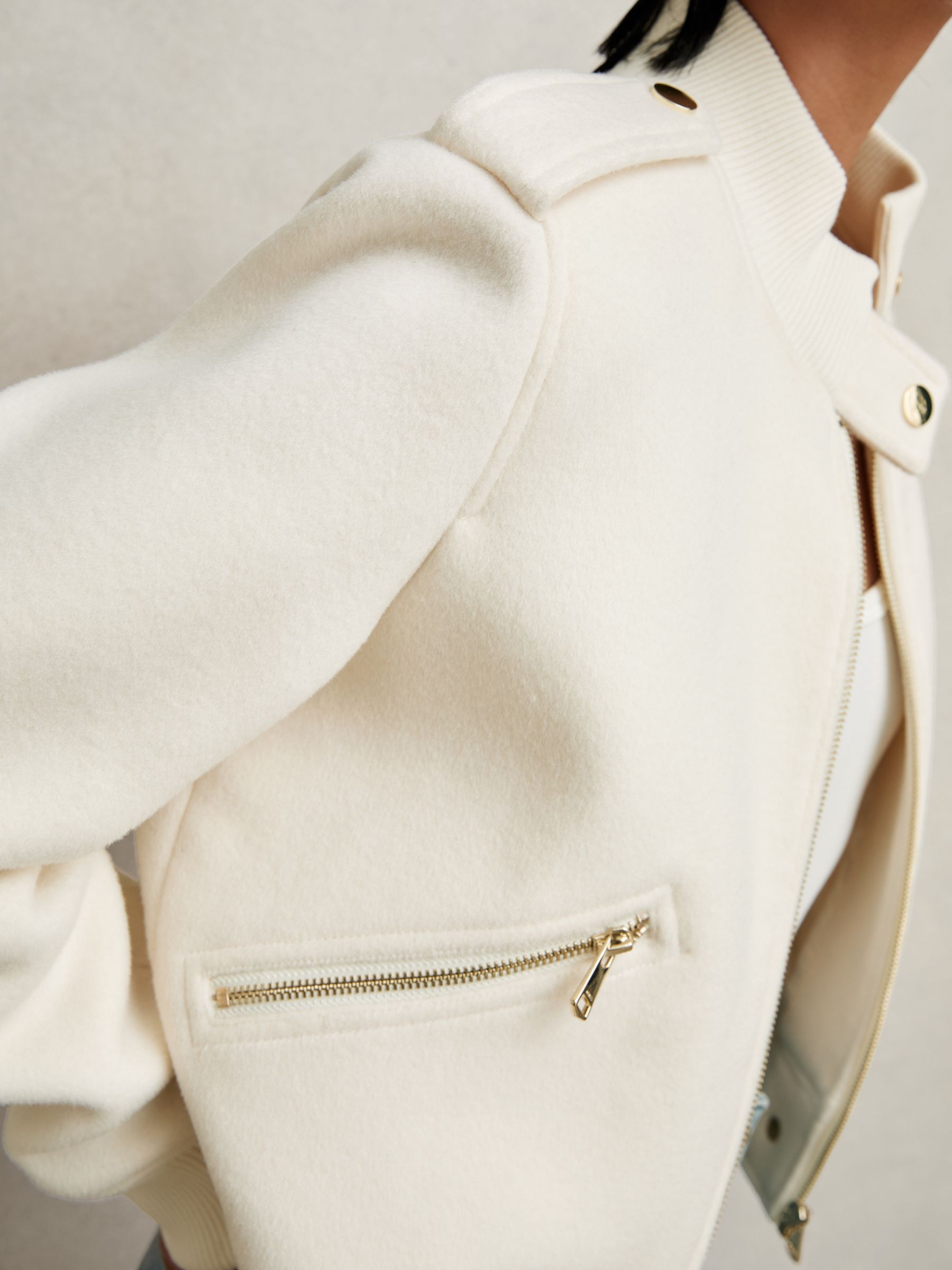 Brushed Wool Epaulette Bomber Jacket in Cream - Image 3 of 6
