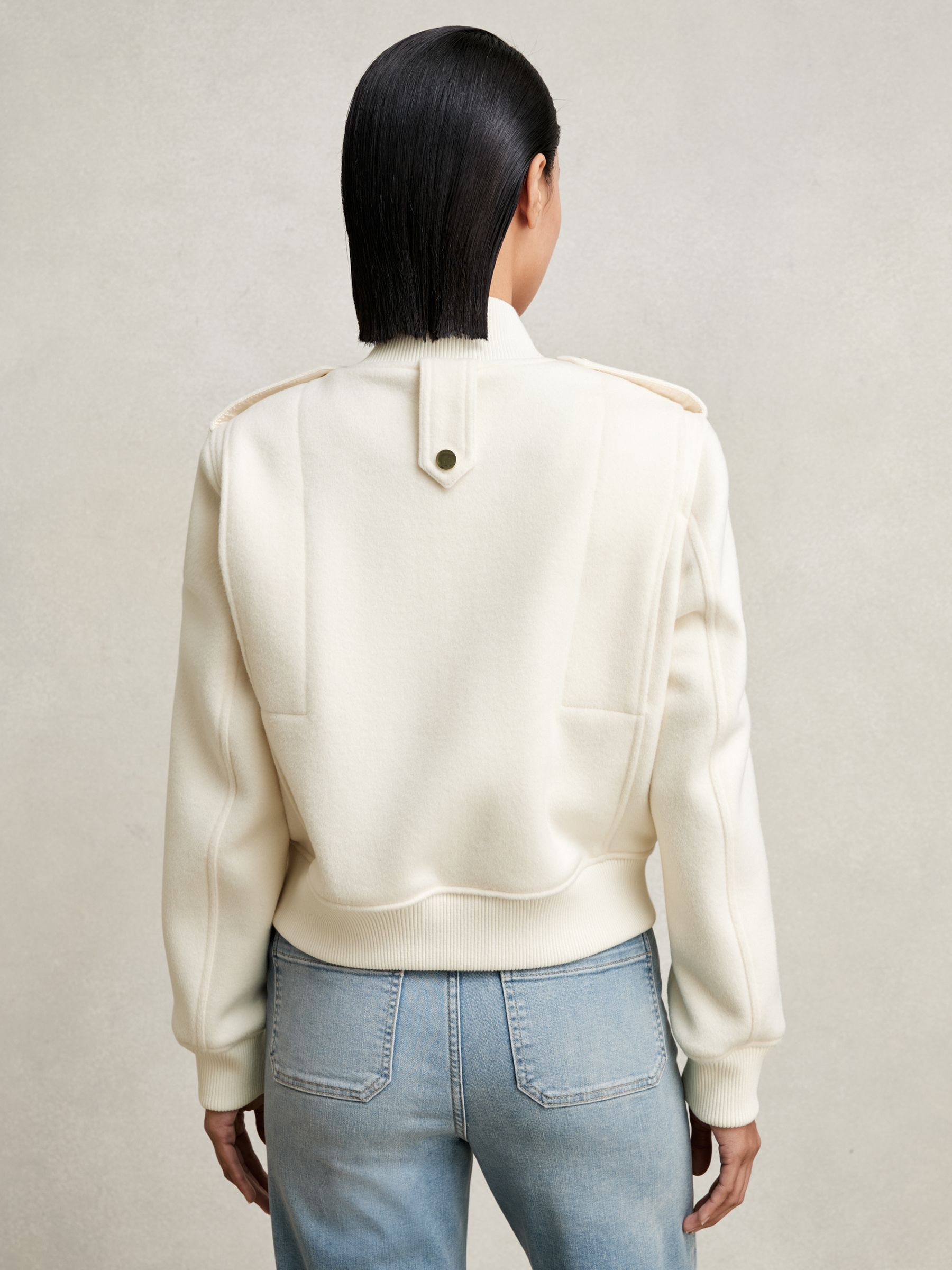Brushed Wool Epaulette Bomber Jacket in Cream - Image 5 of 6