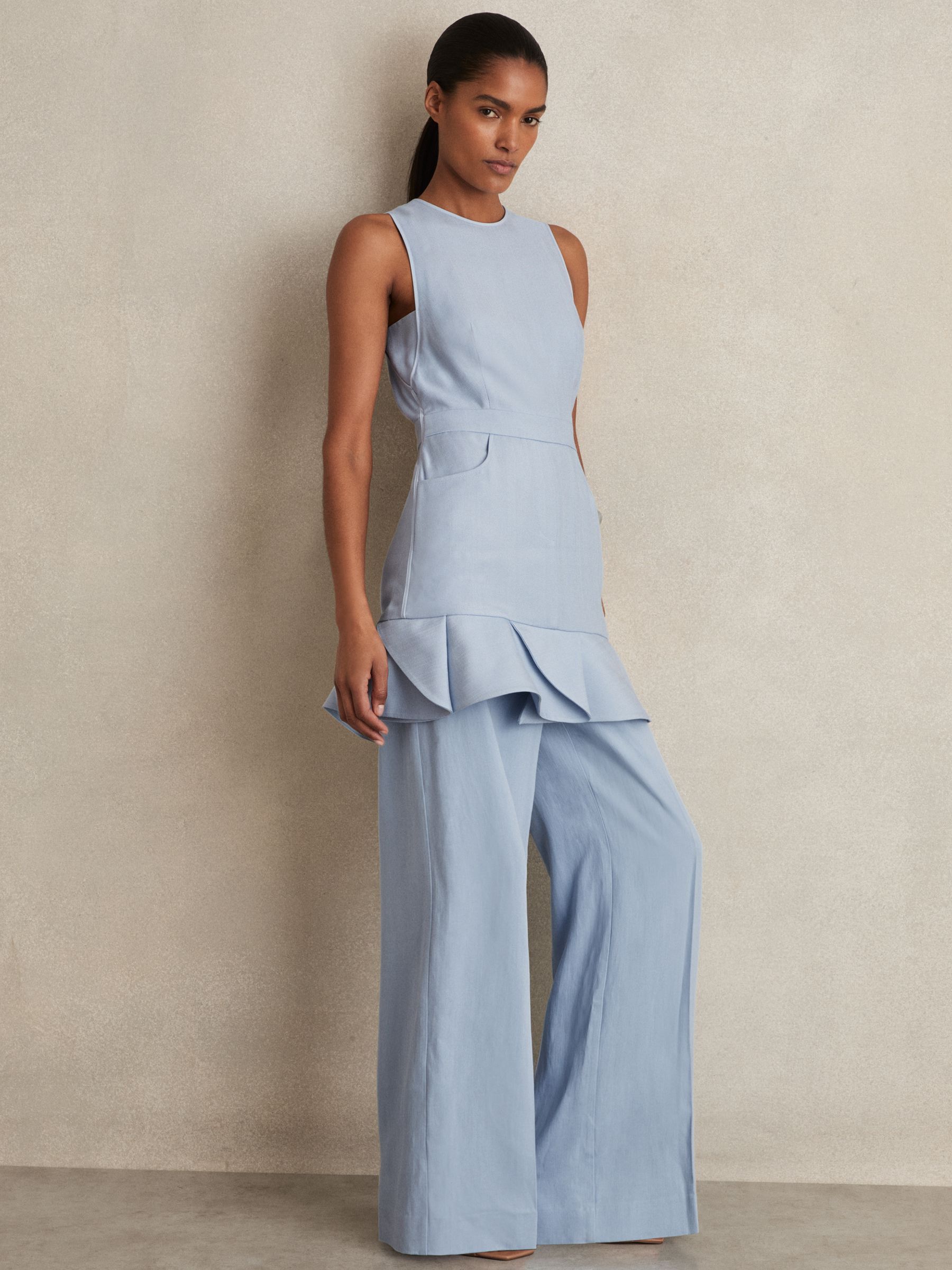 【海外限定】REISSワンピース☆Ashley Structured Ruffle-Hem Mi Reiss Structured Ruffle-Hem Mini Dress in Blue | REISS