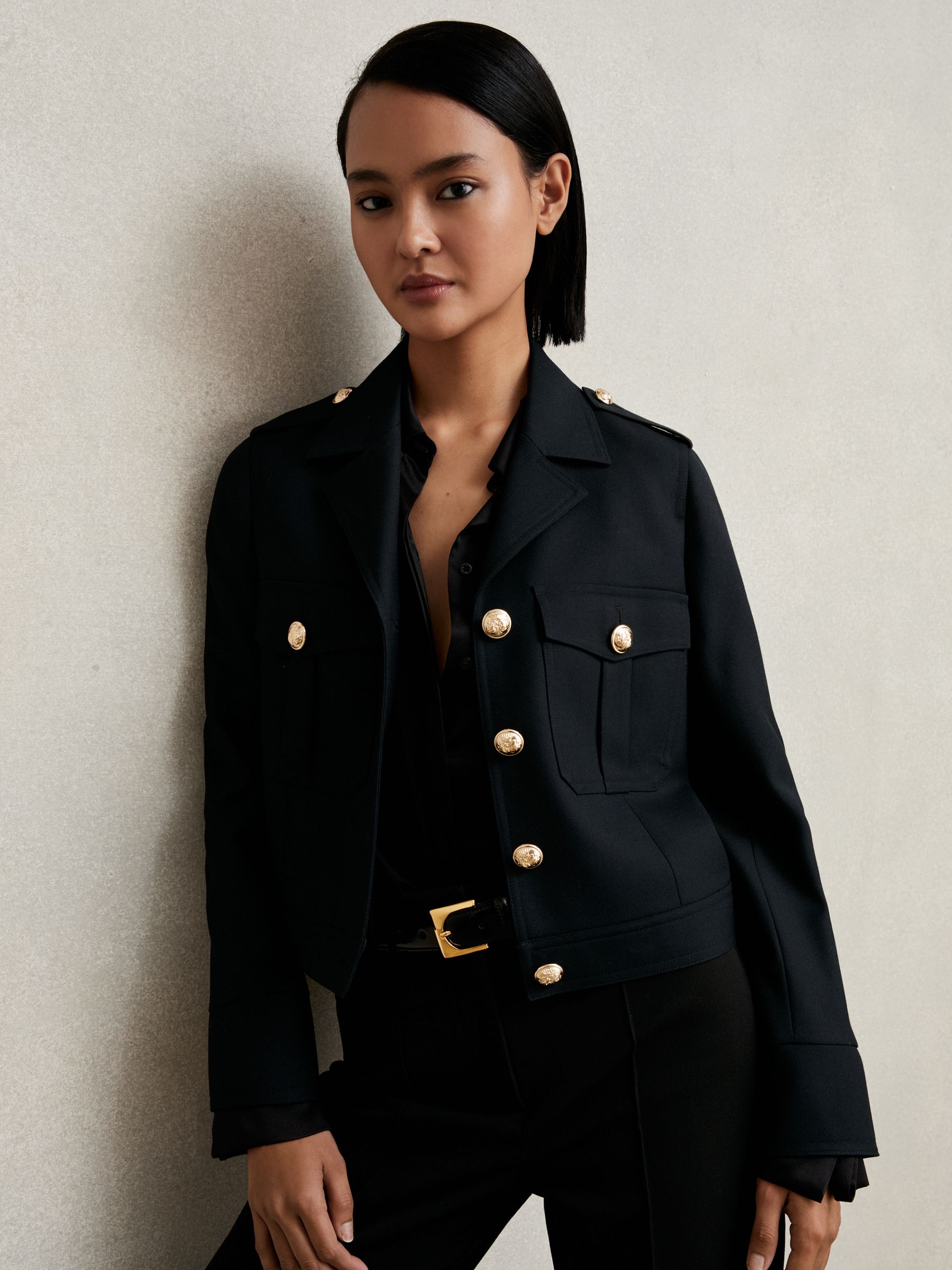 Reiss Wool Twin-Pocket Cropped Jacket in Black | REISS
