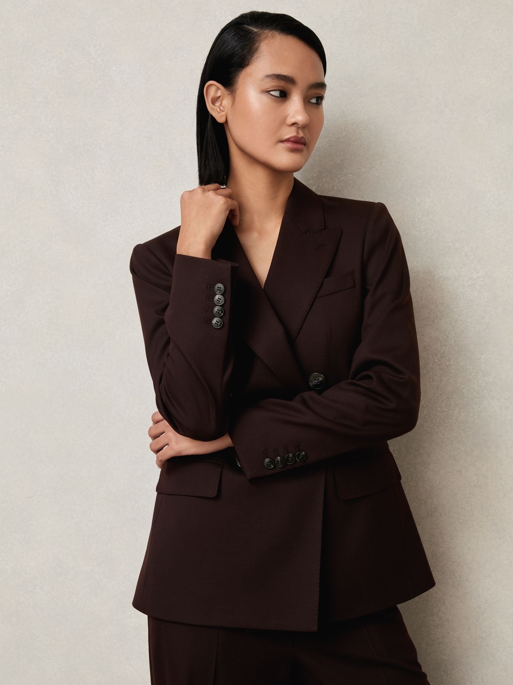 Wool-Blend Double-Breasted Suit Blazer in Aubergine - Image 1 of 7 Wool-Blend Double-Breasted Suit Blazer in Aubergine - Image 1 of 7