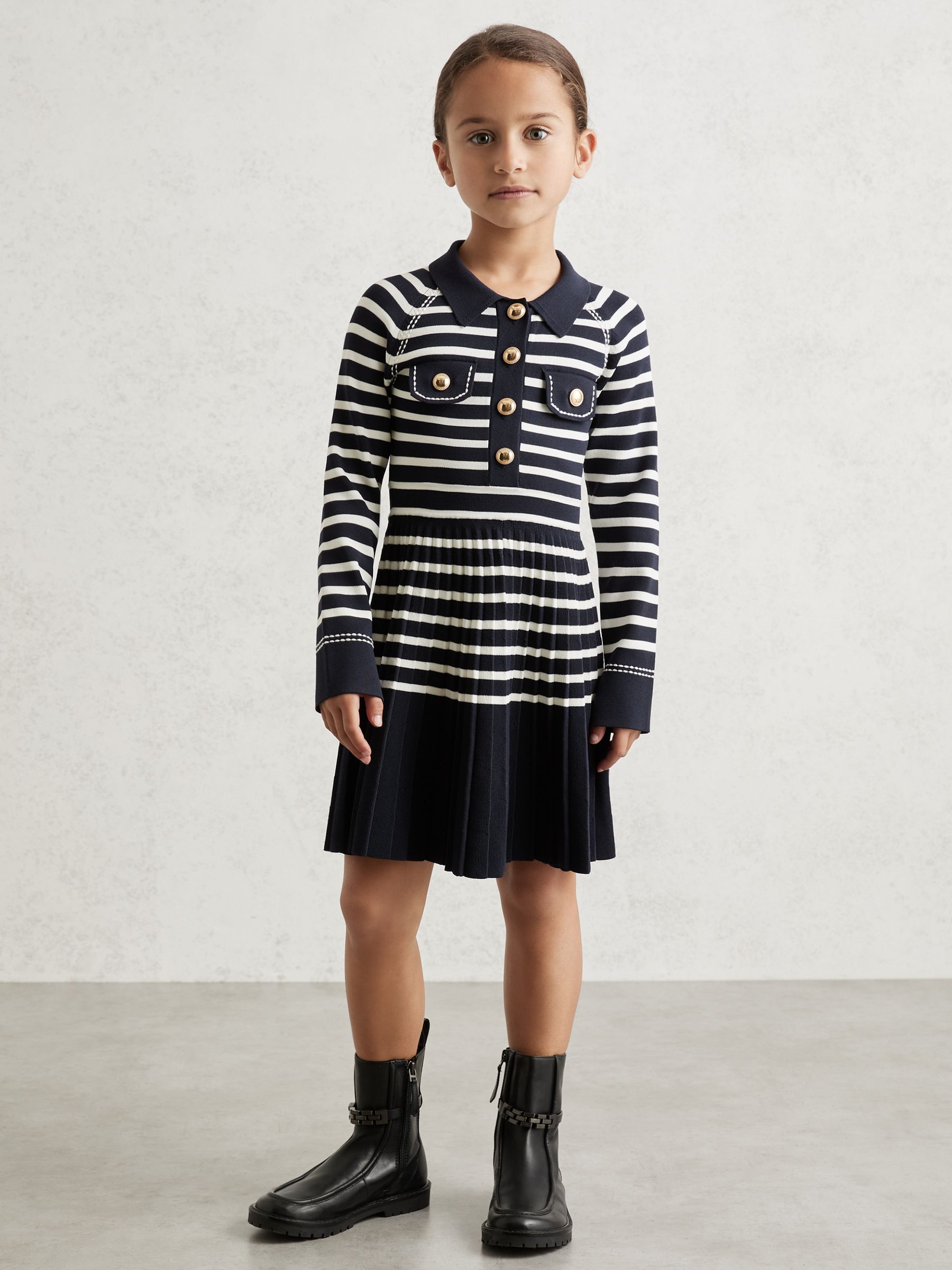 3-9 yrs Button-Detail Stripe Knitted Dress in Navy/White - Image 3 of 5