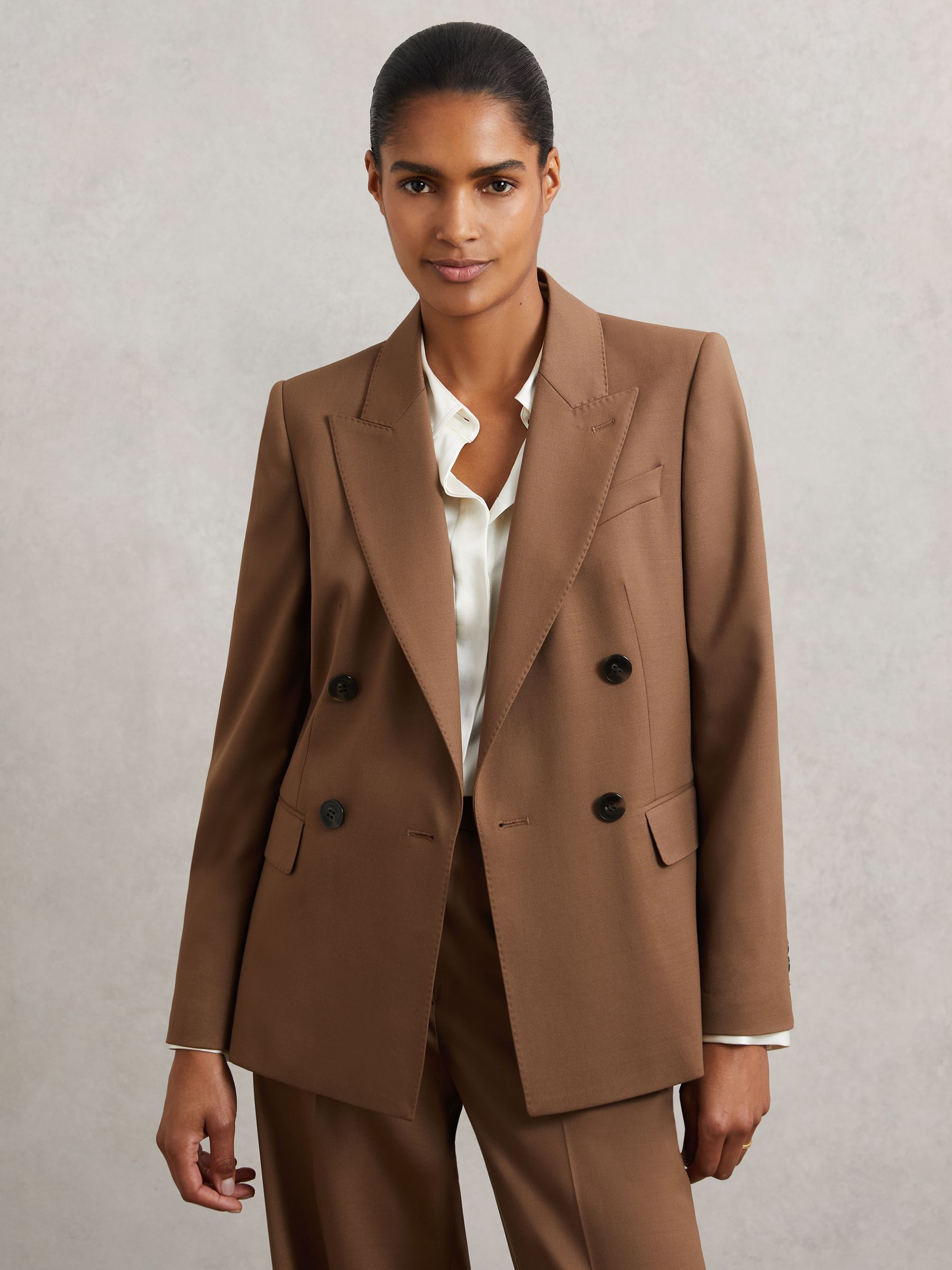 Wool-Blend Double-Breasted Suit Blazer in Tan - Image 1 of 6 Wool-Blend Double-Breasted Suit Blazer in Tan - Image 1 of 6