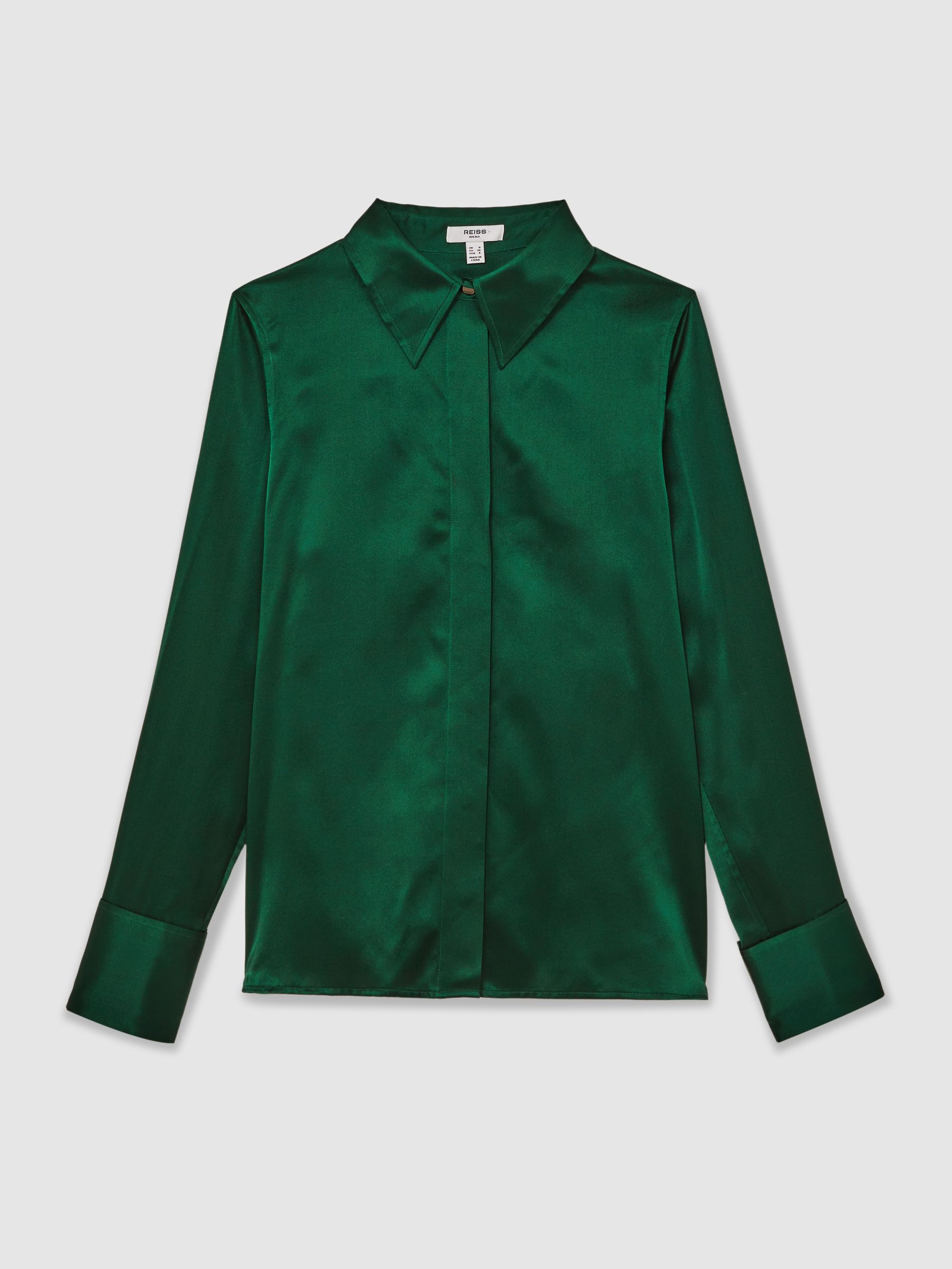 Silk-Satin Concealed-Placket Shirt in Green - Image 2 of 6