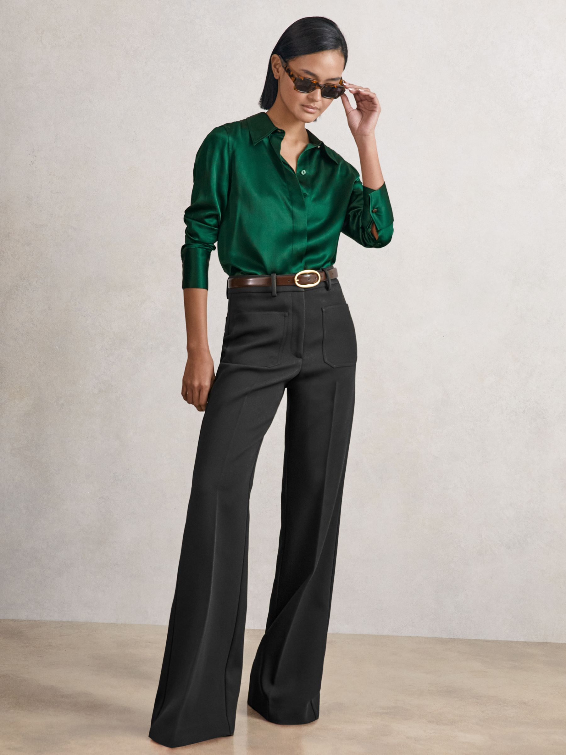 Silk-Satin Concealed-Placket Shirt in Green - Image 3 of 6