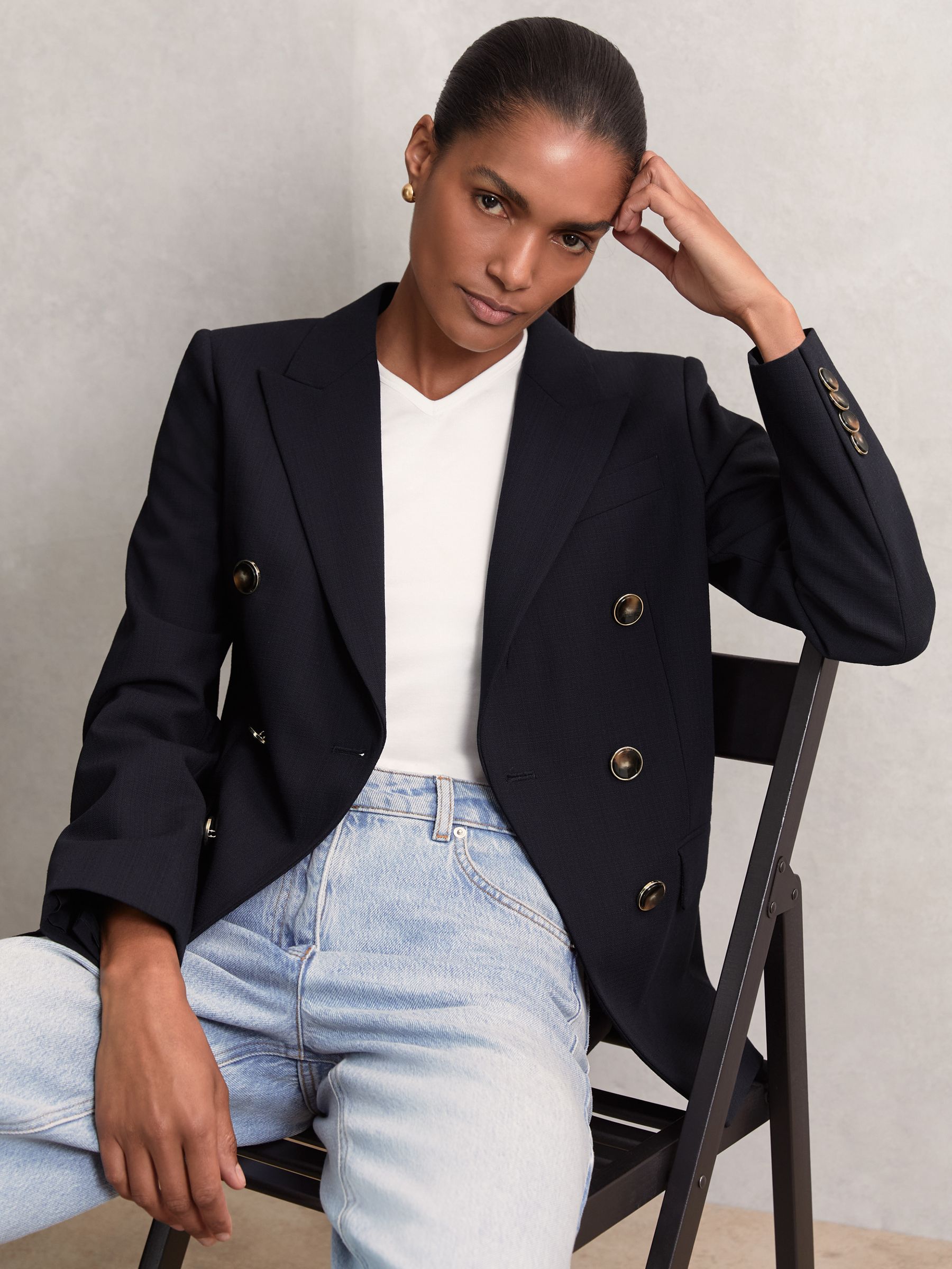 Petite Wool-Blend Double-Breasted Blazer in Navy - Image 1 of 9