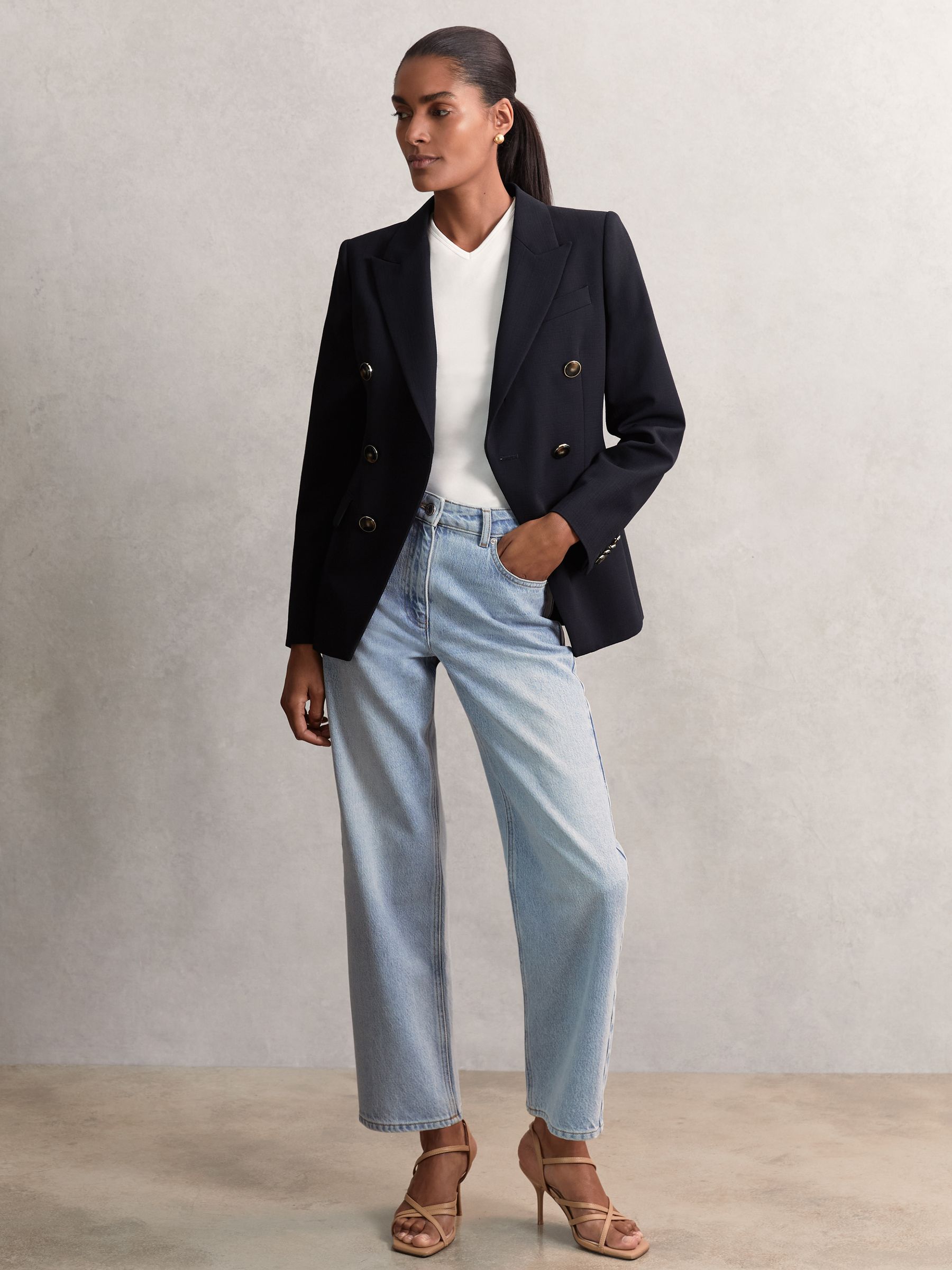 Petite Wool-Blend Double-Breasted Blazer in Navy - Image 3 of 9