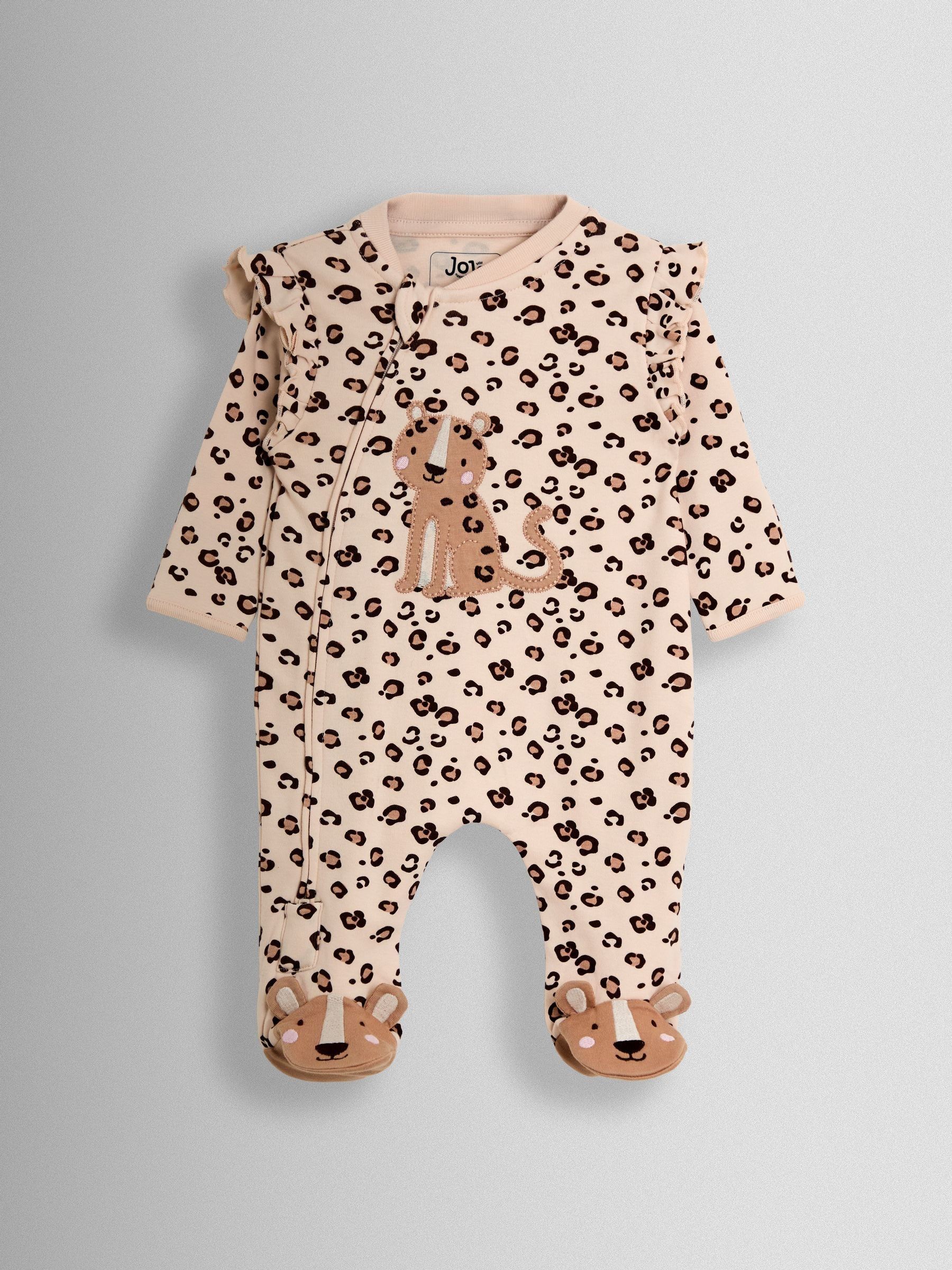 Brown Leopard 100% Cotton Footed Frill Sleepsuit - Image 1 of 3