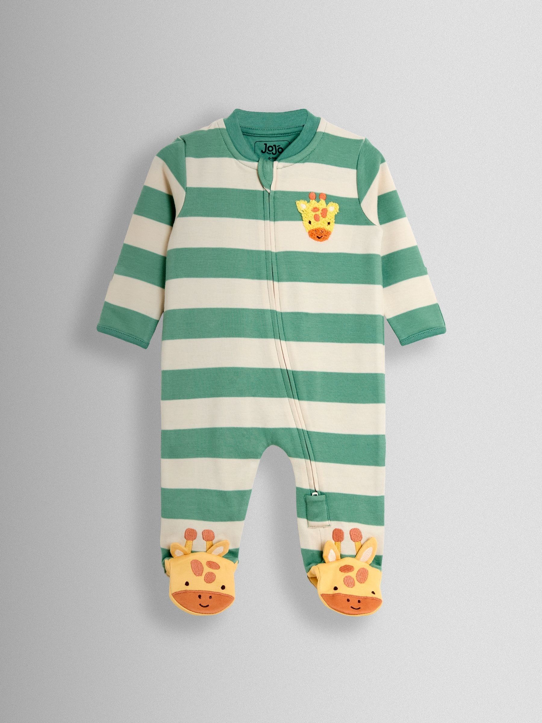Green Giraffe Wide Stripe Character Footed Sleepsuit | JoJo Maman Bébé