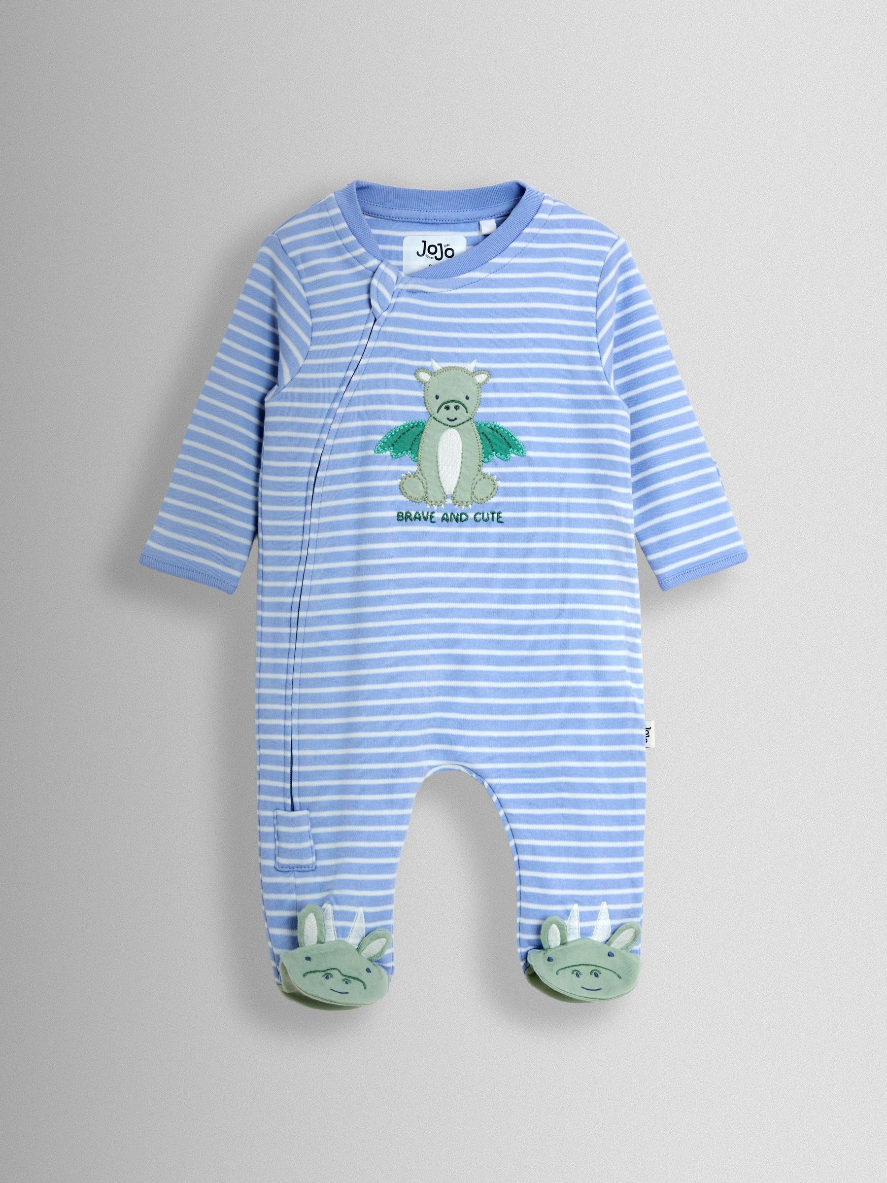 Blue Striped Dragon 100% Cotton Footed Stripe Appliqué Sleepsuit - Image 1 of 3 Blue Striped Dragon 100% Cotton Footed Stripe Appliqué Sleepsuit - Image 1 of 3
