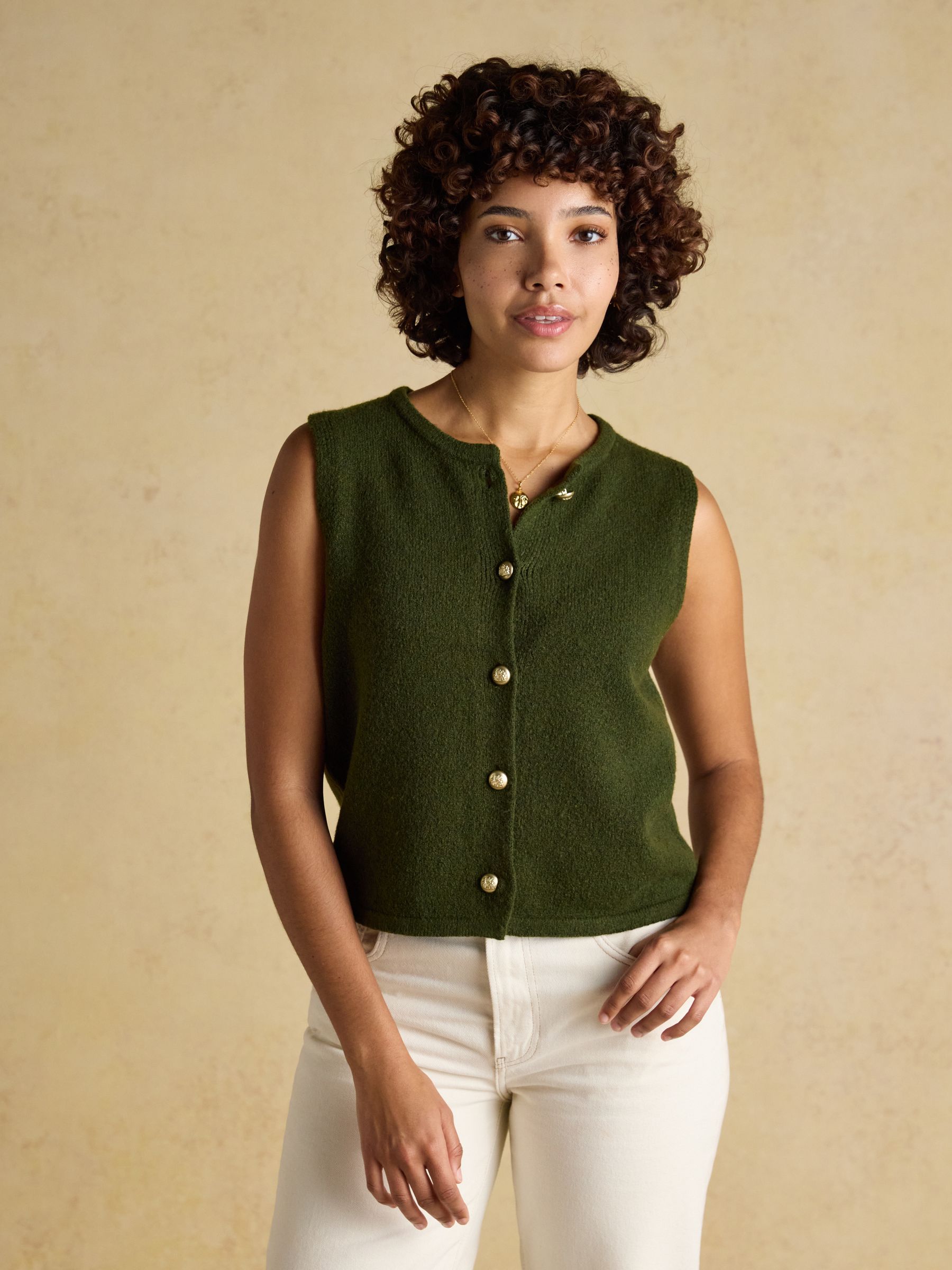 Holly Khaki Green Button Through Knitted Vest - Image 1 of 8