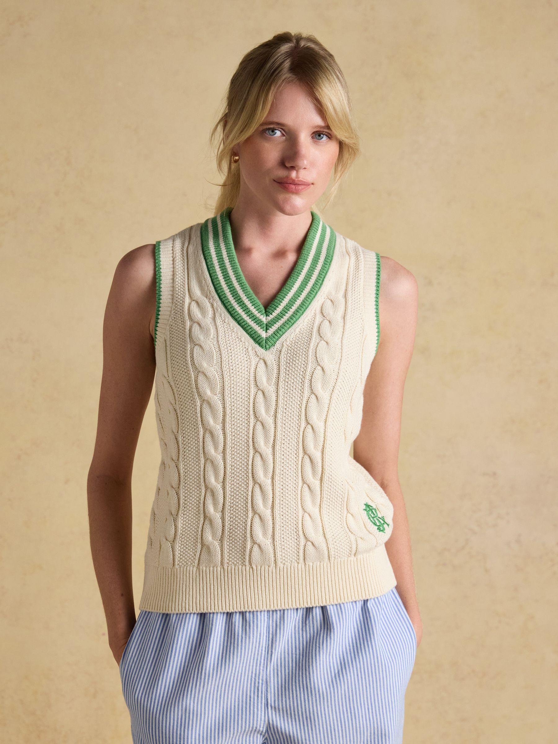 Cream Cotton Cable Knit Cricket Vest - Image 1 of 6