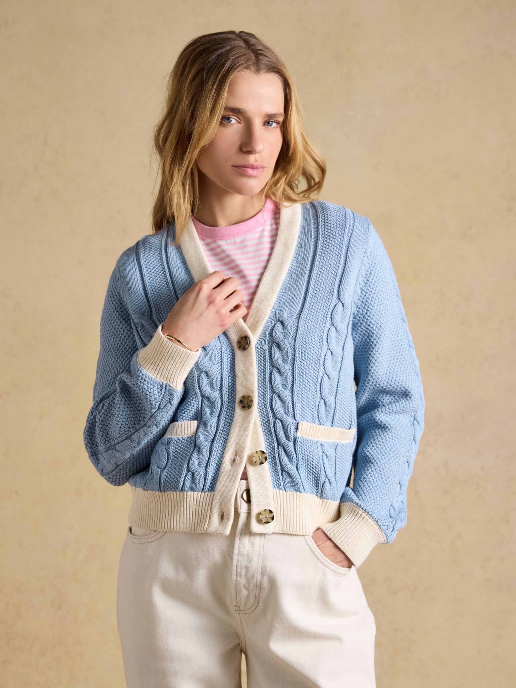 Blue V-Neck Cotton Cable Knitted Cardigan | Joules