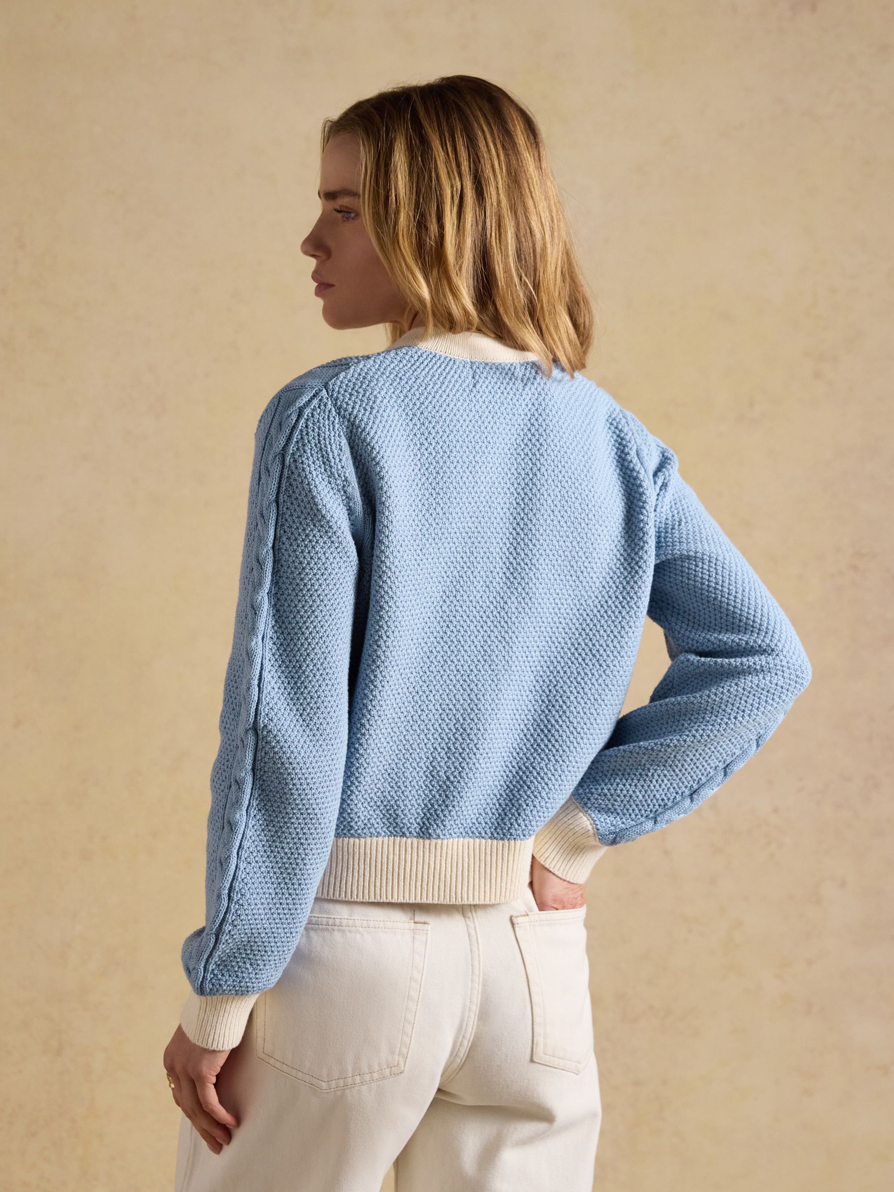 Blue V-Neck Cotton Cable Knitted Cardigan - Image 2 of 6 Blue V-Neck Cotton Cable Knitted Cardigan - Image 2 of 6