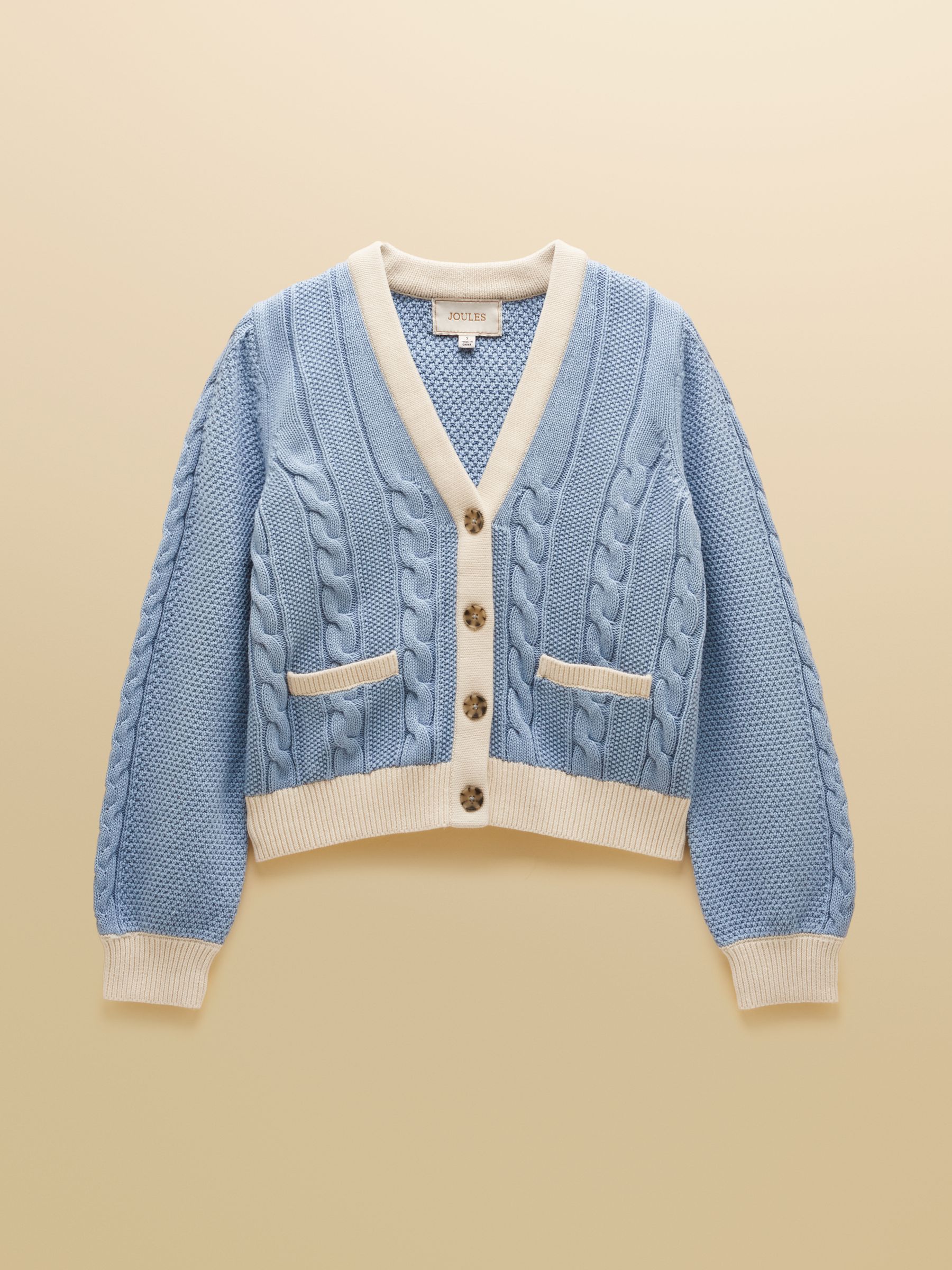 Blue V-Neck Cotton Cable Knitted Cardigan | Joules