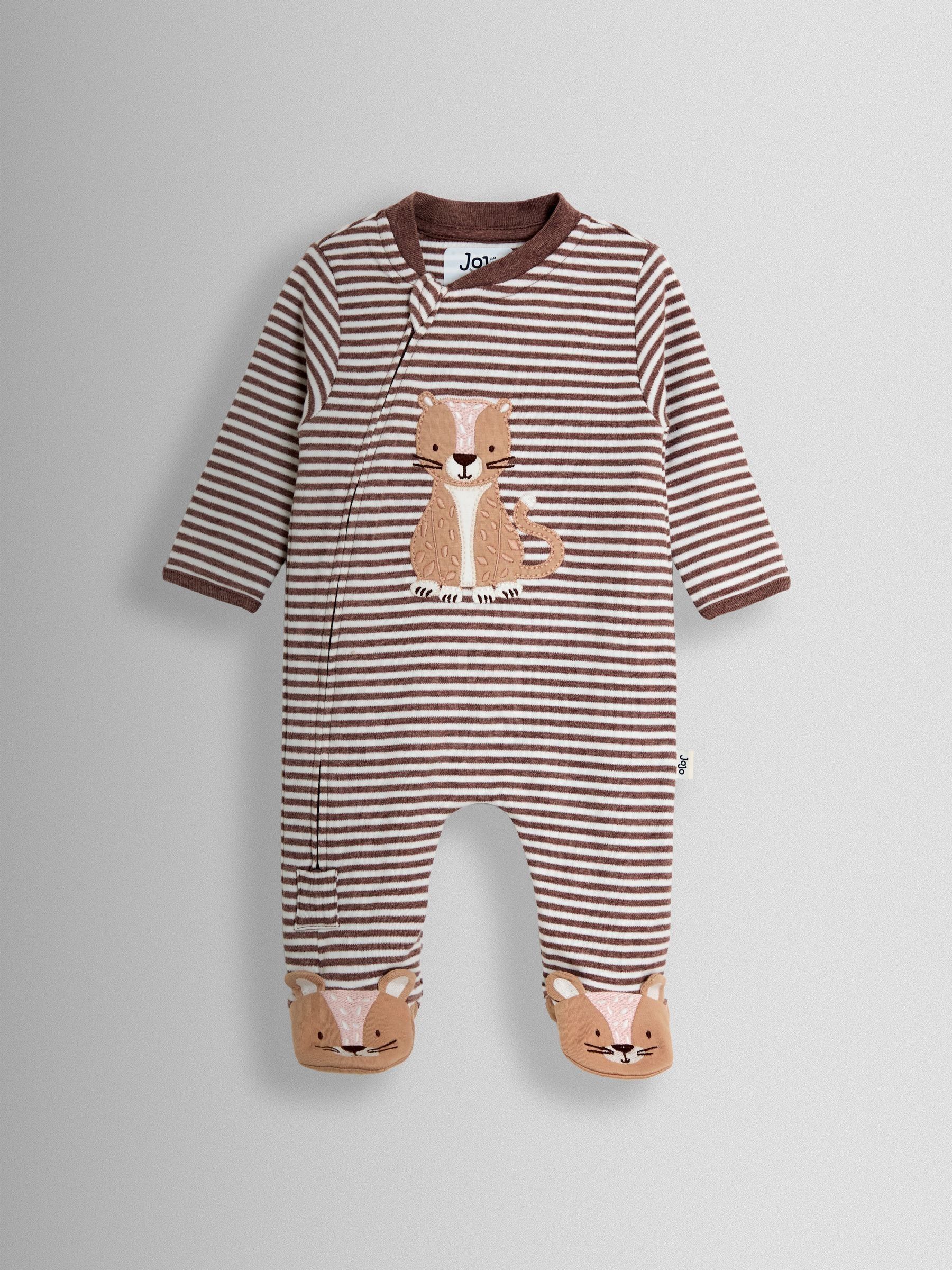 Brown Striped Cheetah 100% Cotton Footed Stripe Appliqué  Sleepsuit - Image 1 of 3