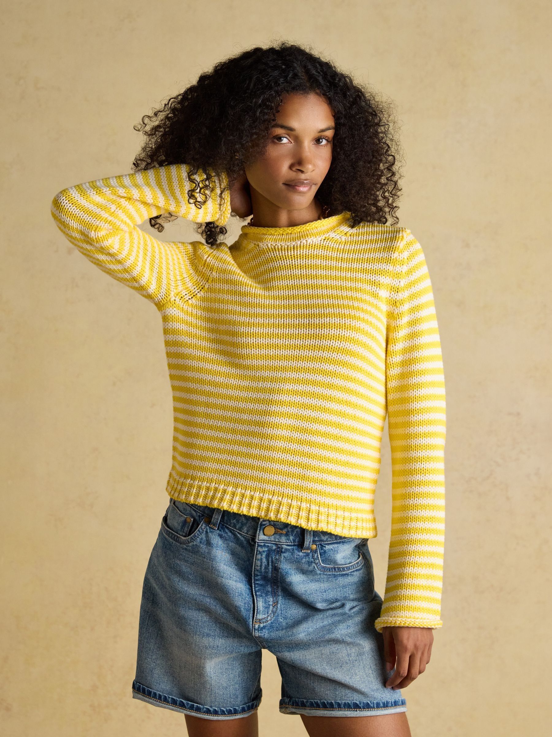 Yellow & White Striped Cotton Knitted Crew Neck Jumper - Image 1 of 8