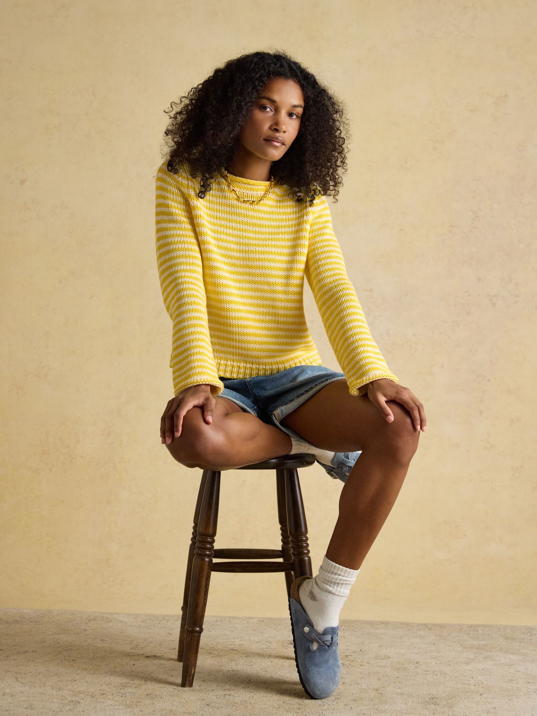 Yellow & White Striped Cotton Knitted Crew Neck Jumper - Image 3 of 8