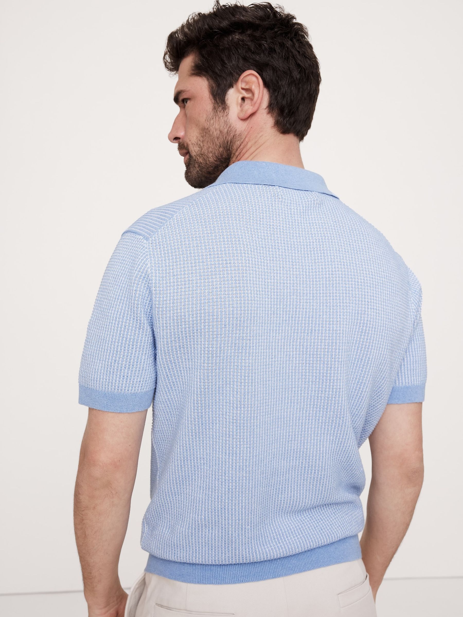 Banana Republic Blue Cotton-Linen Johnny-Collar Polo Jumper - Image 2 of 4