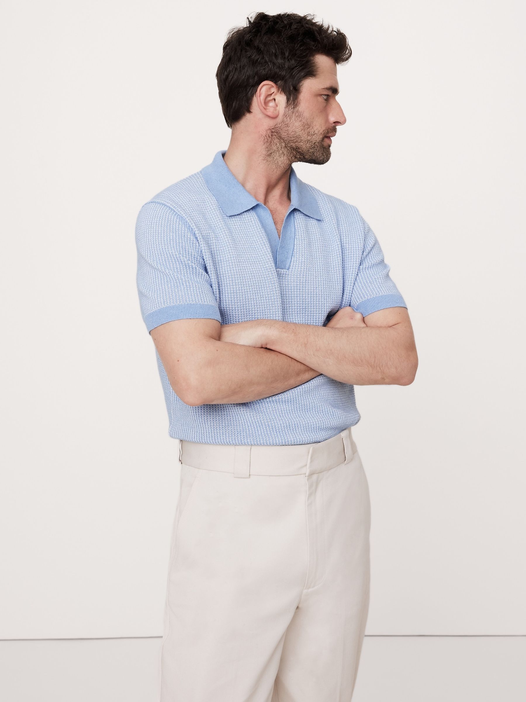 Banana Republic Blue Cotton-Linen Johnny-Collar Polo Jumper - Image 3 of 4