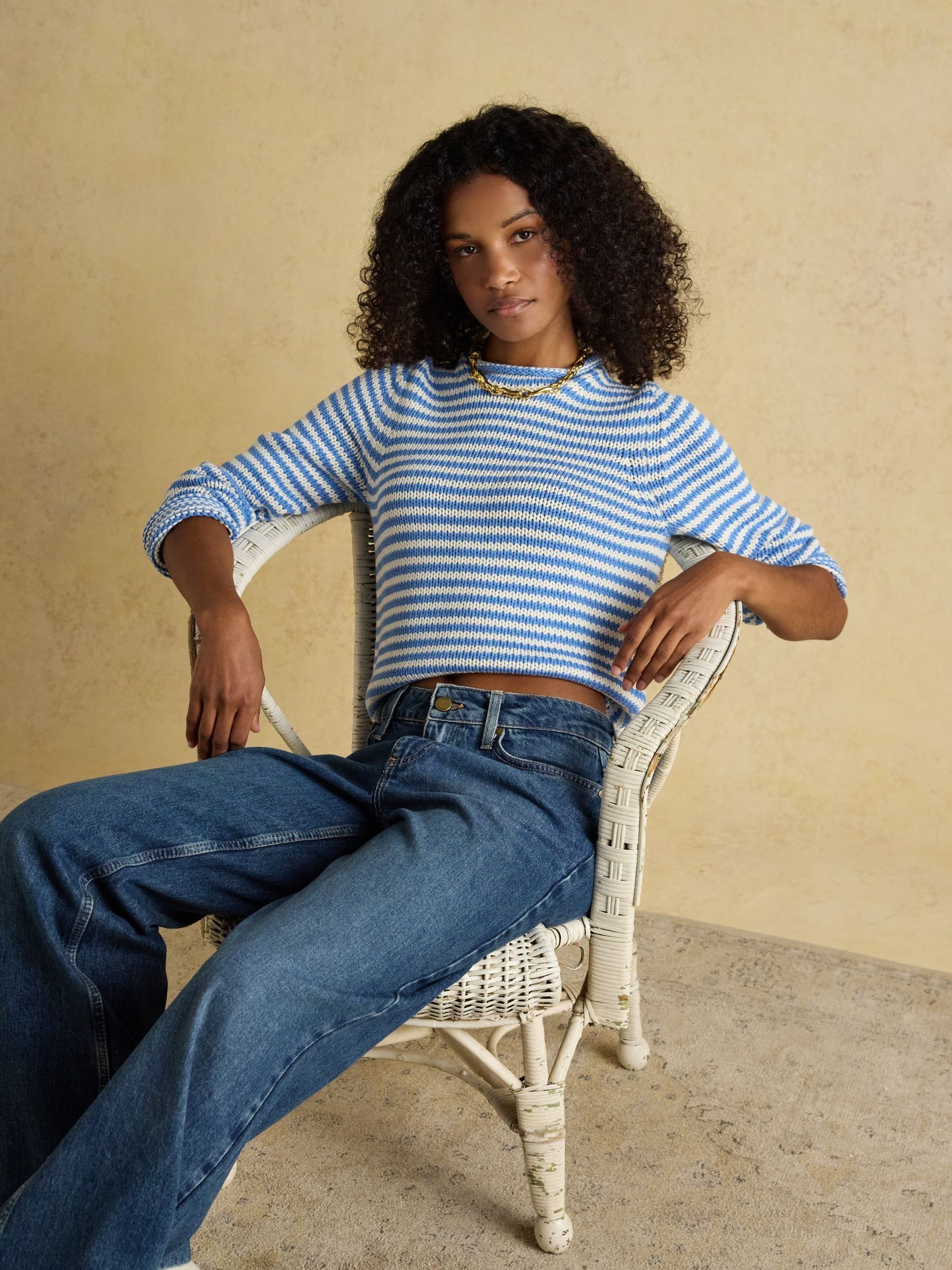 Blue & White Striped Cotton Knitted Crew Neck Jumper - Image 6 of 8