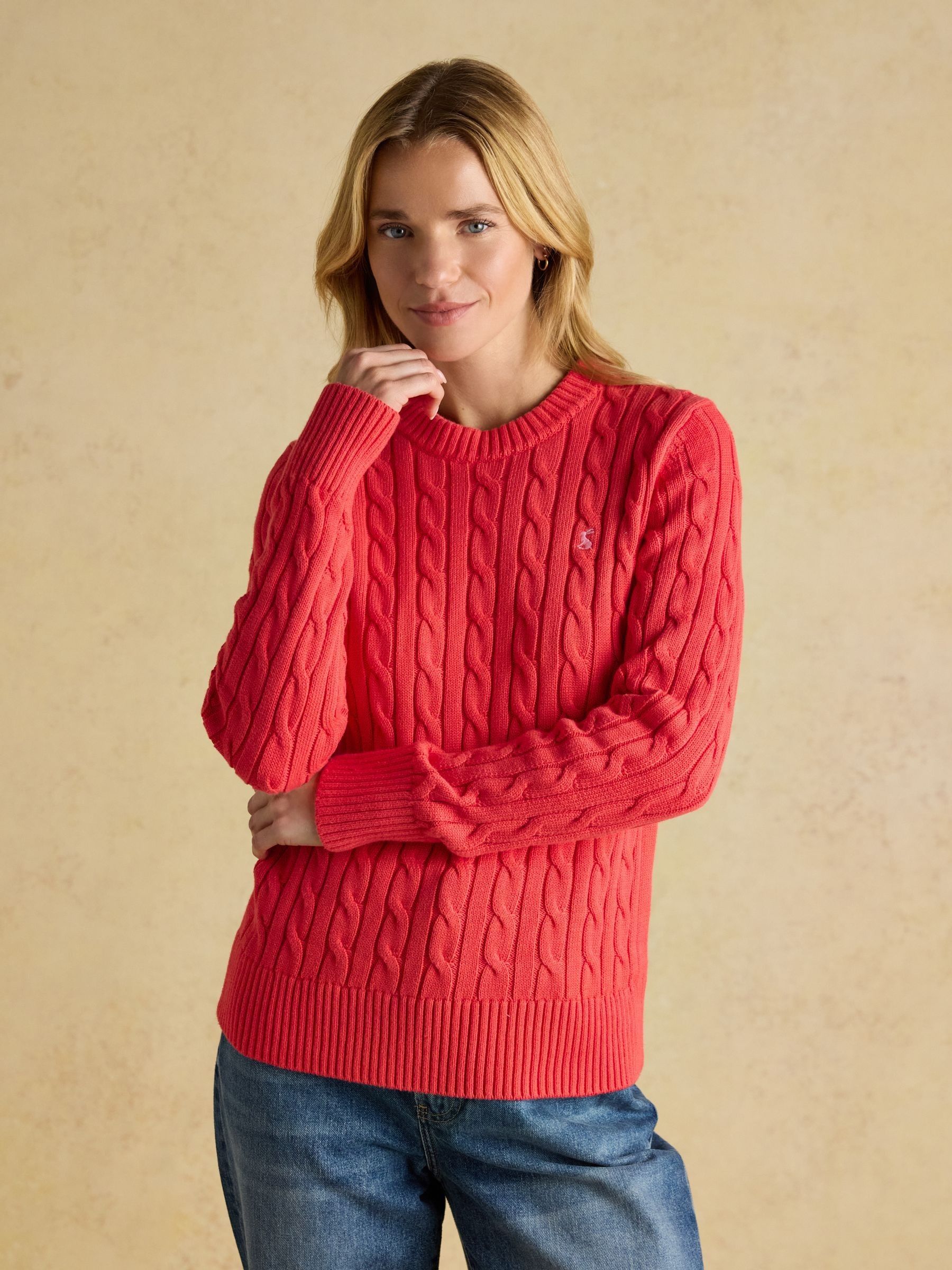 Classic Cable Red Cotton Crew Neck Jumper - Image 1 of 8