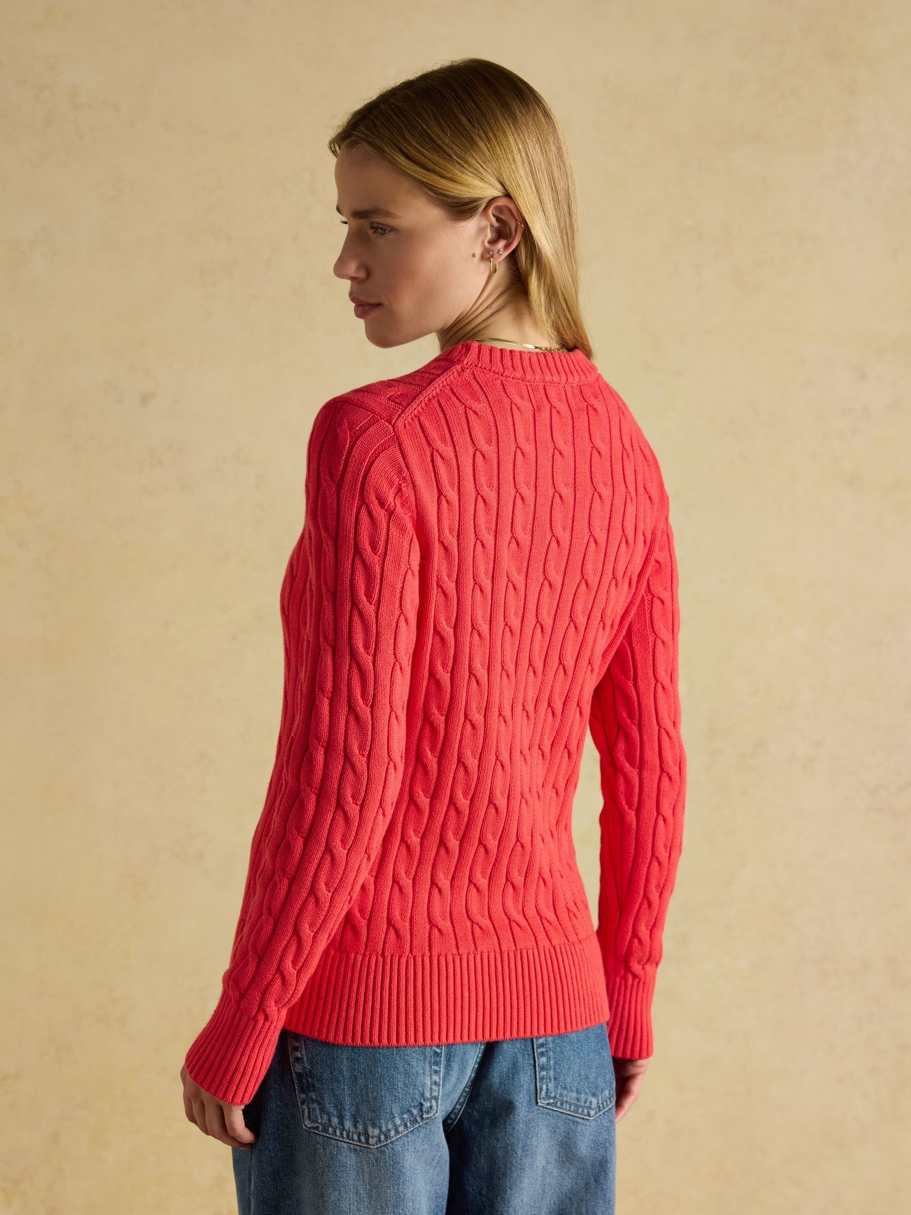 Red Classic Crew Neck Cotton Cable Knit Jumper | Joules