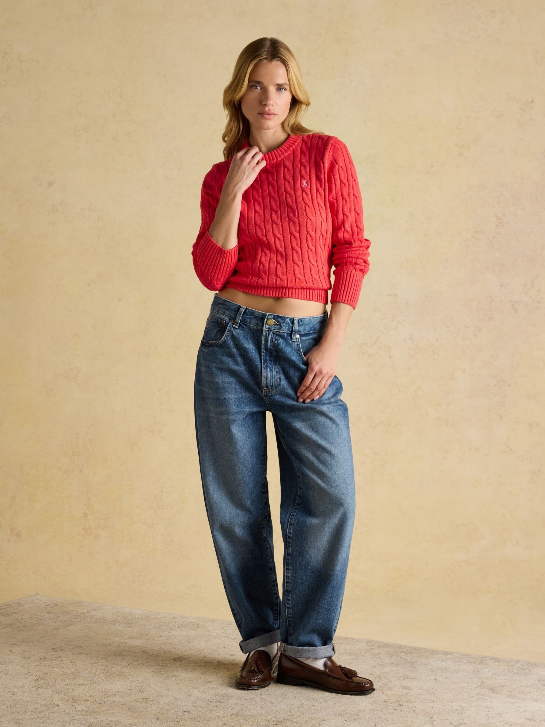 Classic Cable Red Cotton Crew Neck Jumper - Image 5 of 8