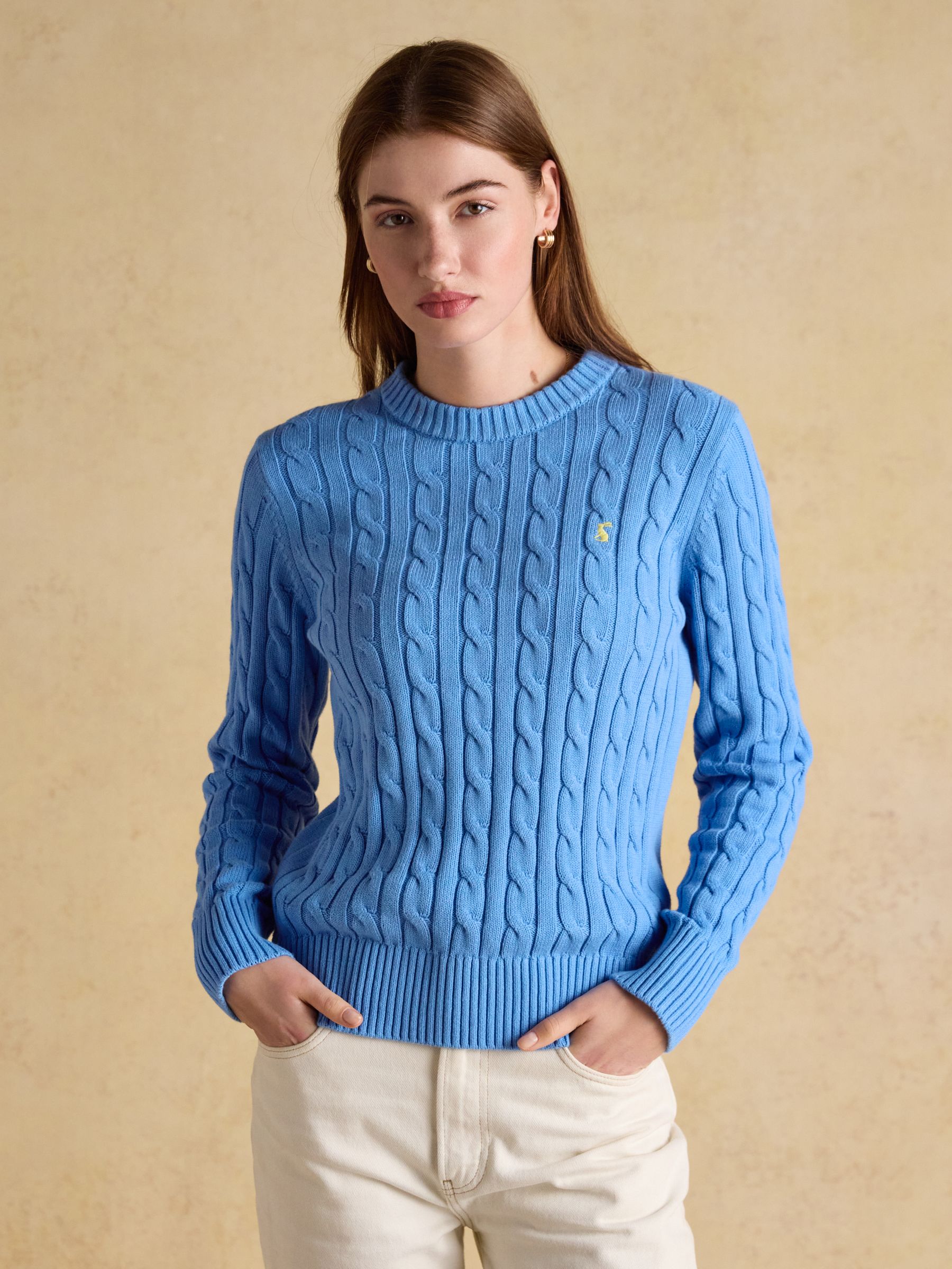 Classic Cable Blue Cotton Crew Neck Jumper - Image 1 of 7