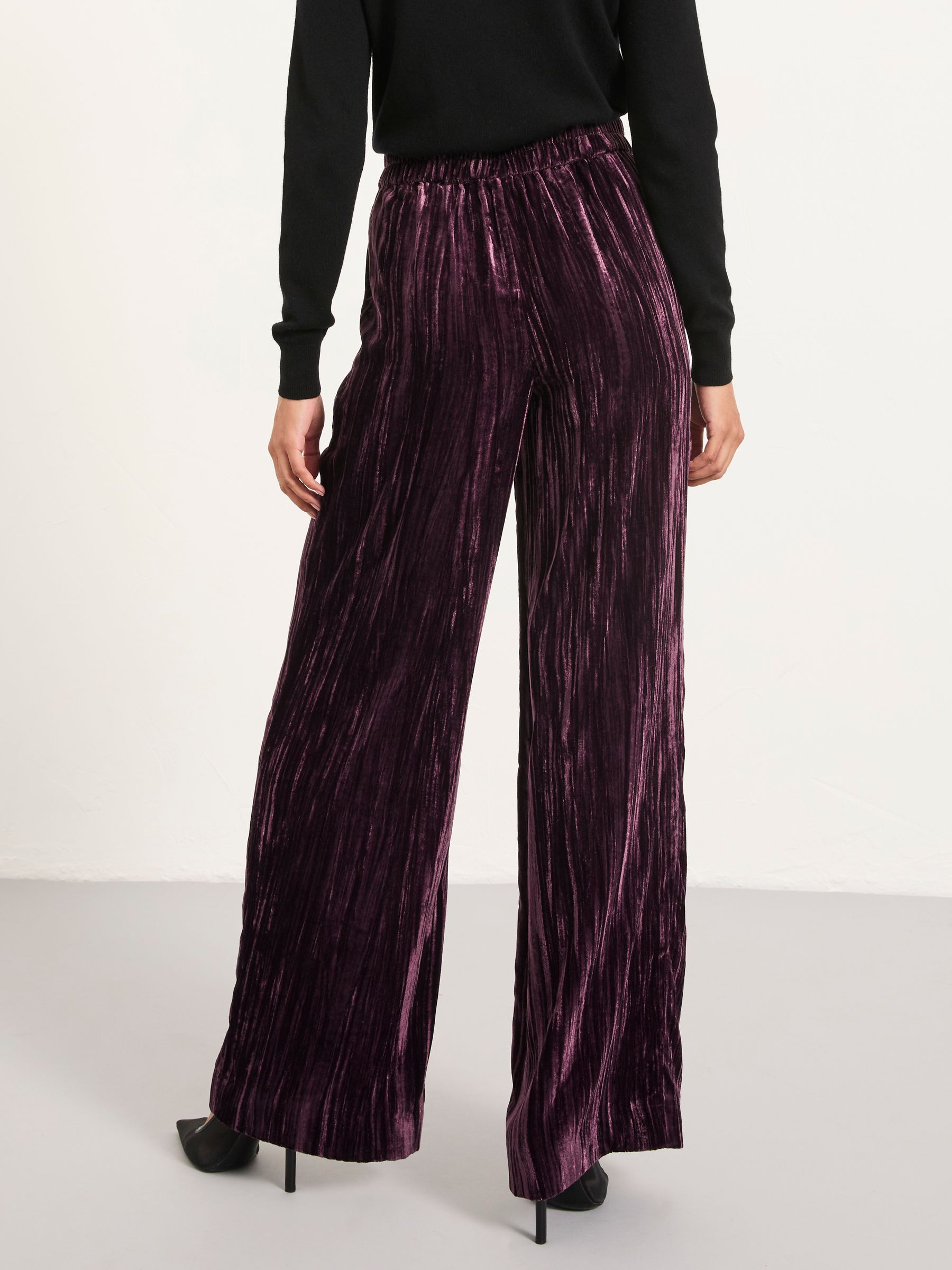 Hetty Burgundy Red Wide Leg Crinkle Velvet Trousers - Image 2 of 6