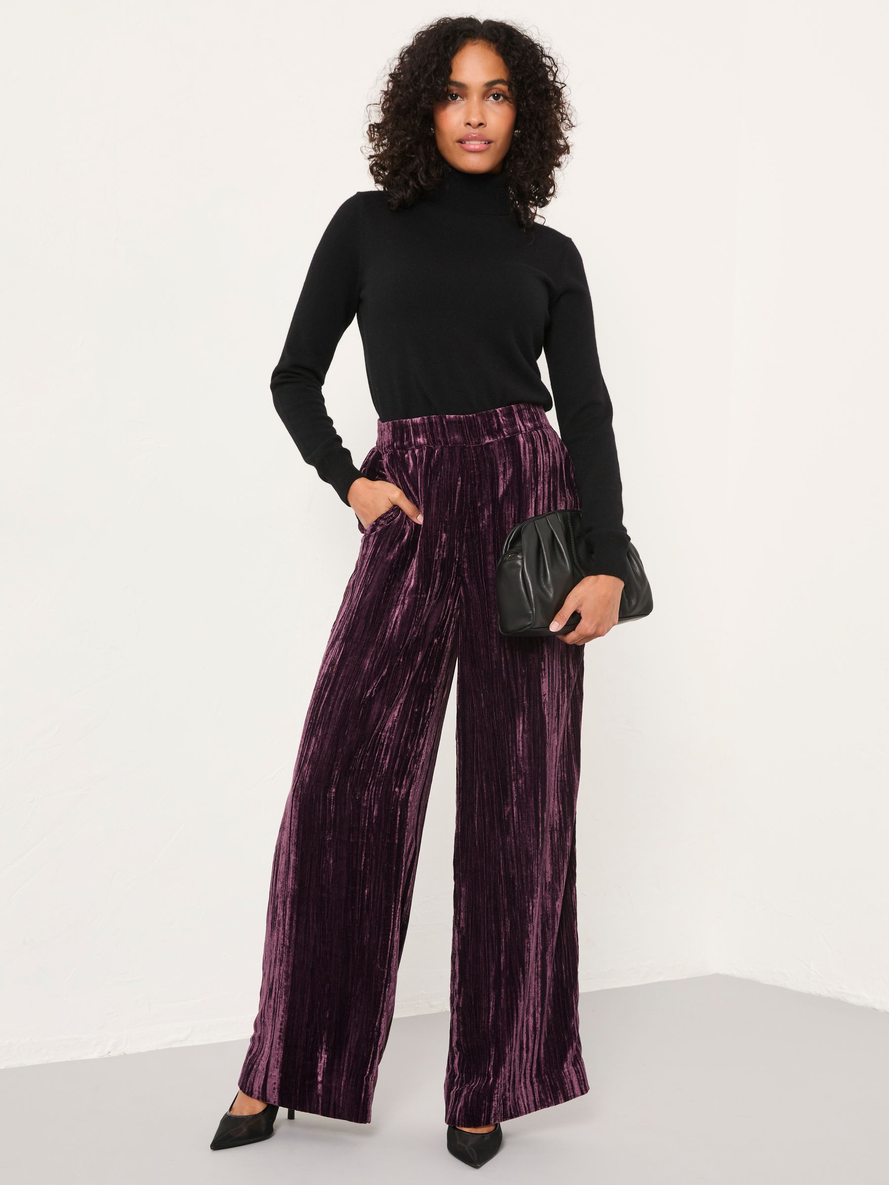 Hetty Burgundy Red Wide Leg Crinkle Velvet Trousers - Image 3 of 6